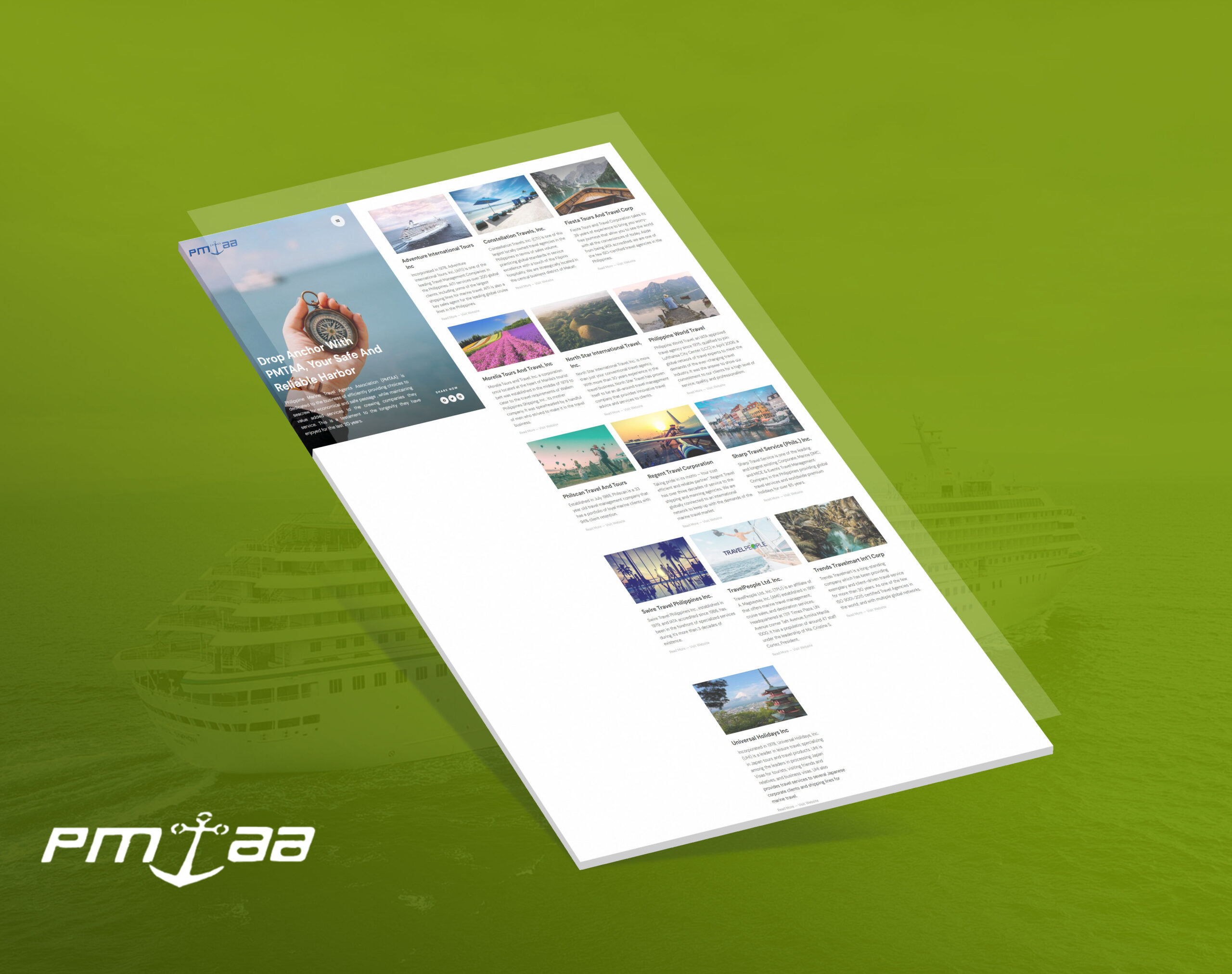 A graphic of a webpage titled PMTAA displayed over a faint image of a cruise ship against a green background, with the PMTAA logo at the bottom left.