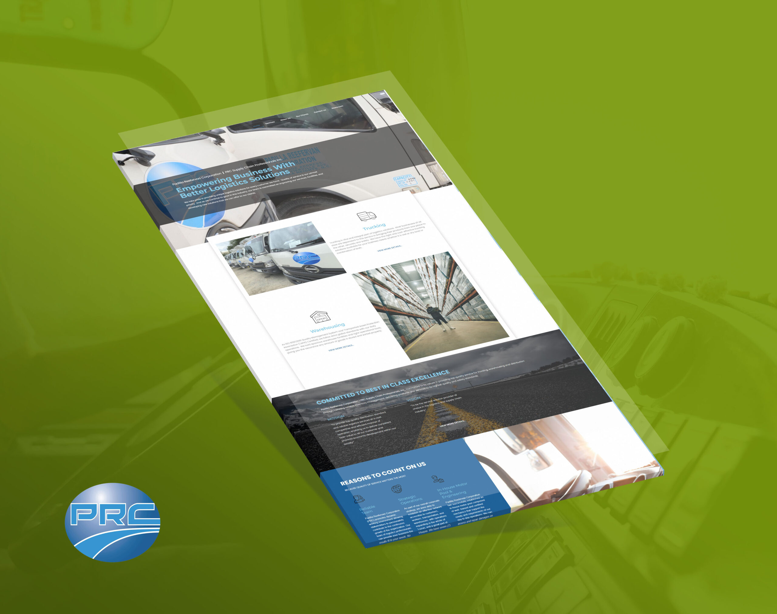A 3D perspective mockup shows a webpage for Padilla Reefervan, a logistics and supply chain company, featuring a blue hero banner, images of trucks and a warehouse, and sections for mission, vision, and company highlights.