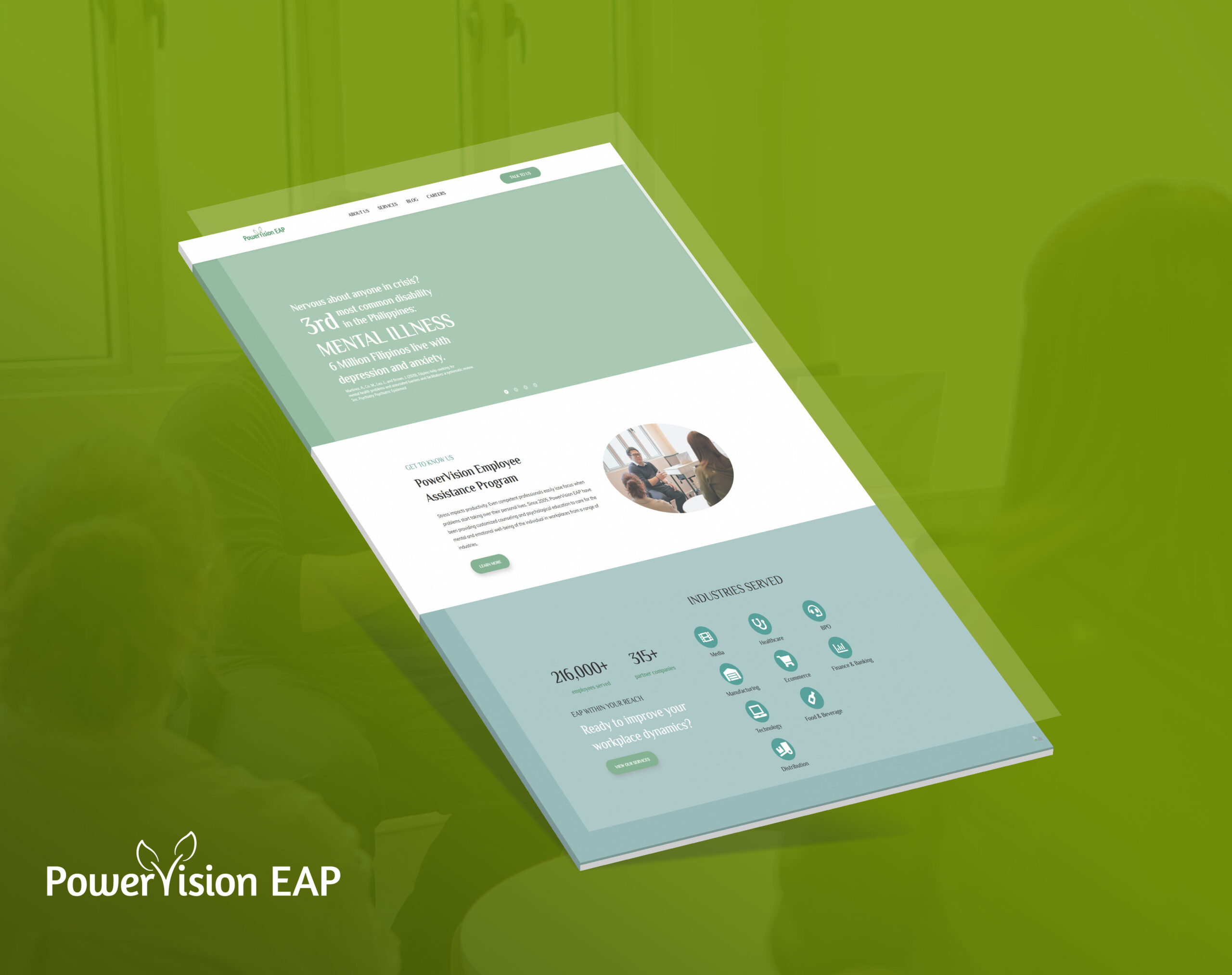 A mockup of the PowerVision EAP website shown at an angle against a green background, featuring a mental health and employee assistance program homepage.