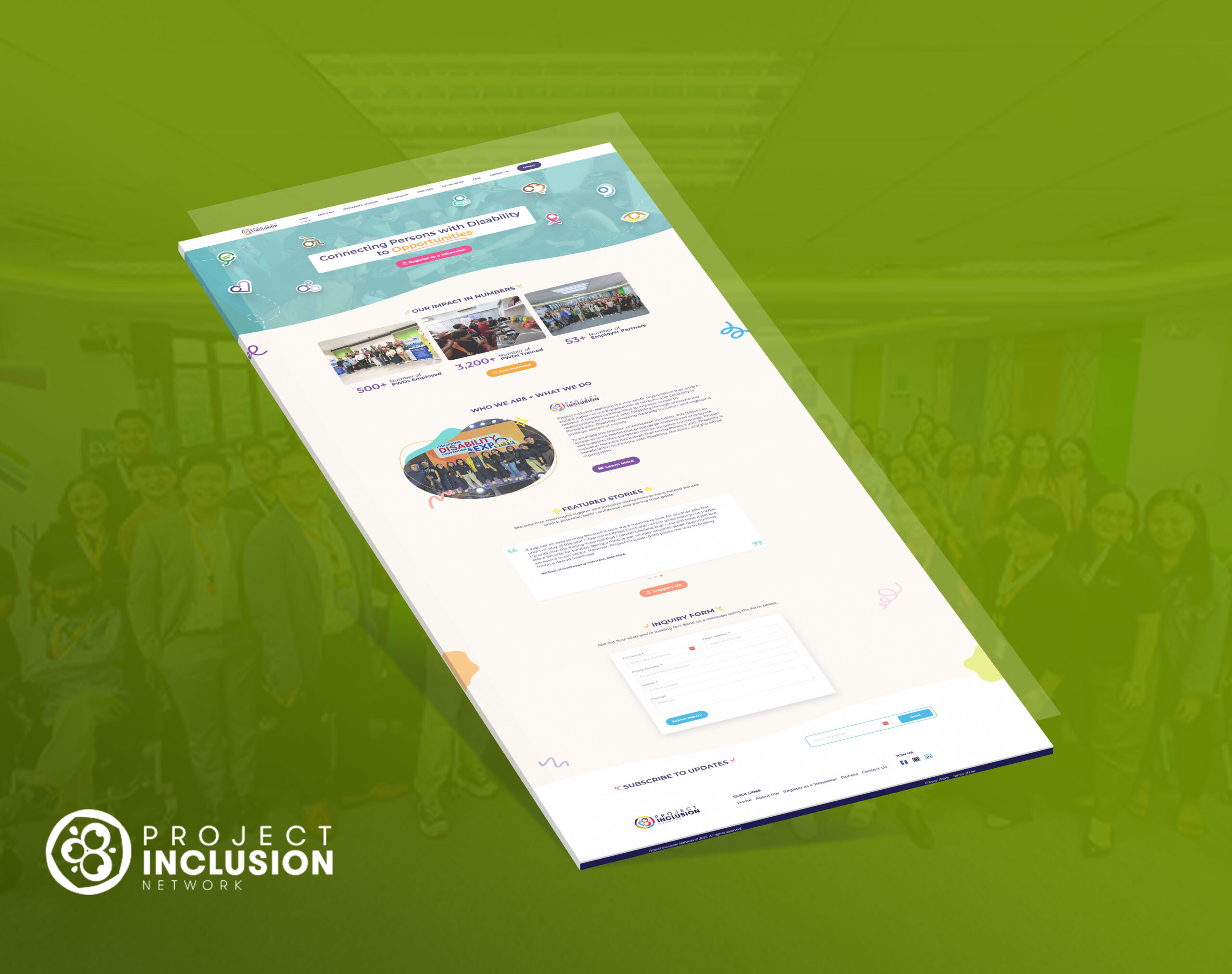 A slightly angled mockup of the Project Inclusion website against a green background with a group of people and the organization's logo in the corner.