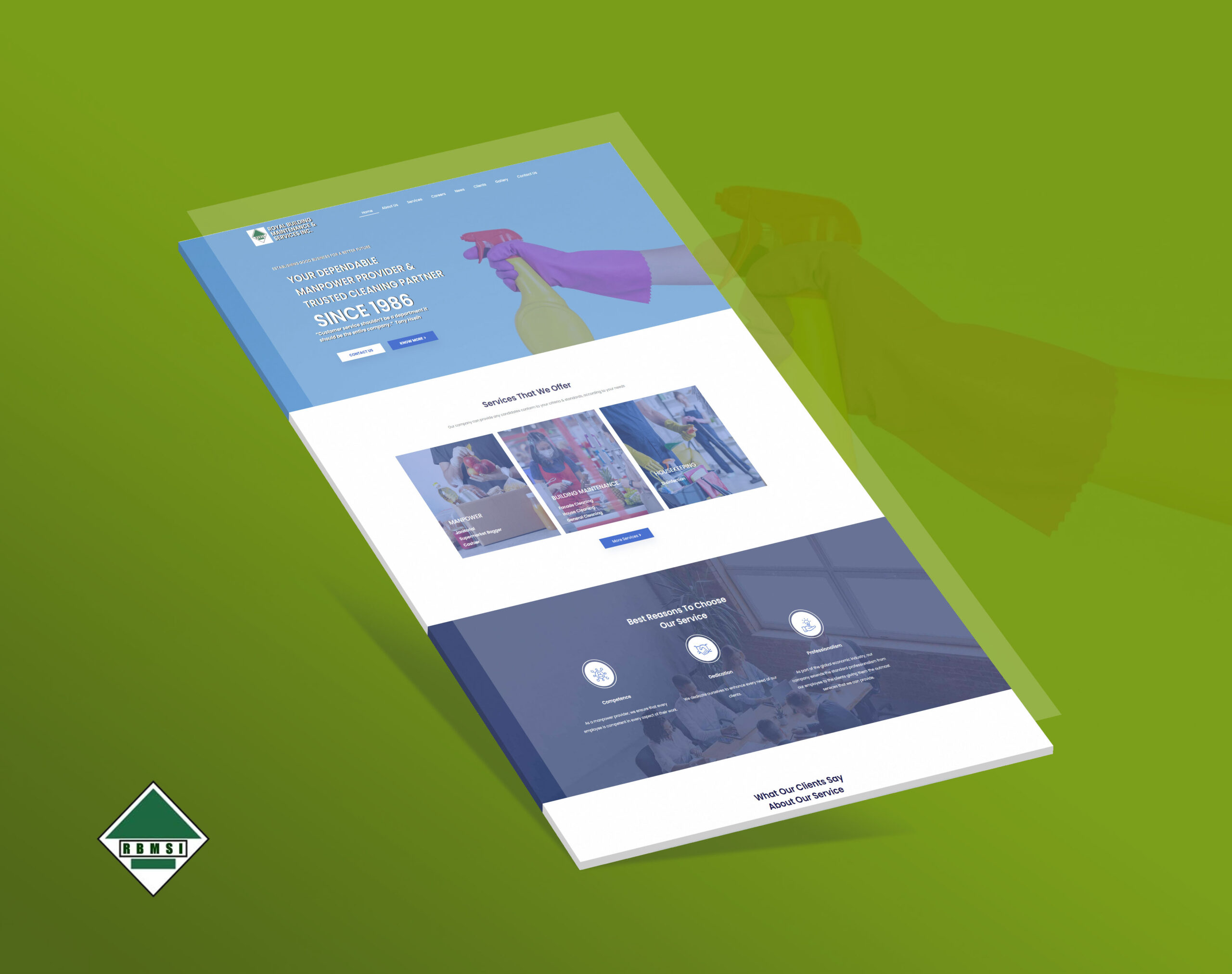A mockup of the Royal Building Maintenance Services Inc. website displayed on a tablet angled on a green background.