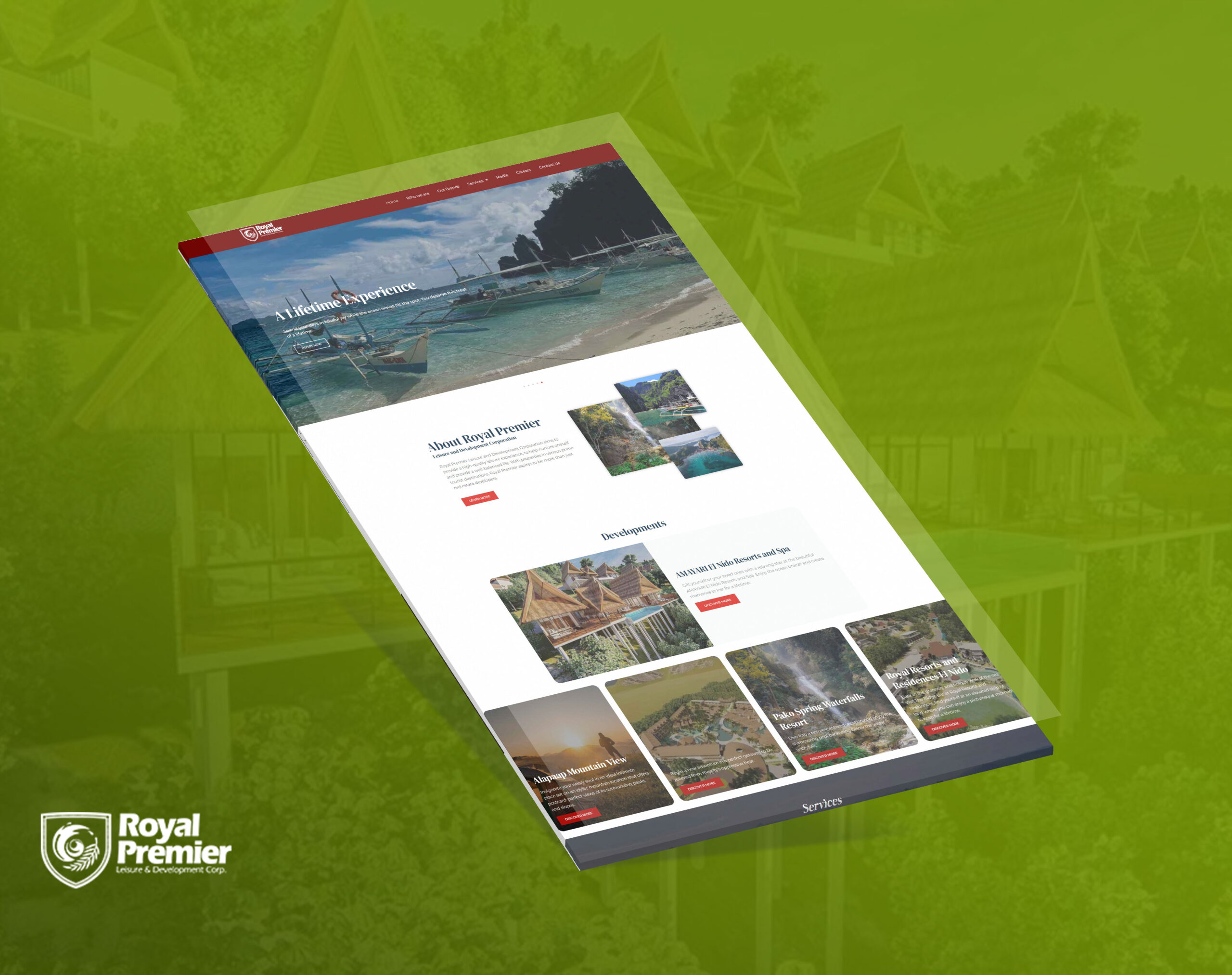 A mockup of the Royal Premier website displayed on a tablet against a green background, showcasing its homepage with sections for About Royal Premier and Developments.