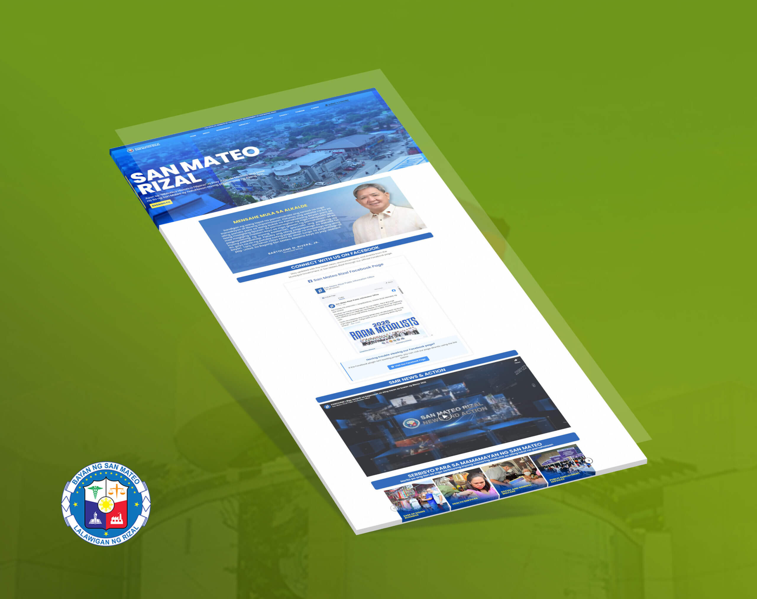An angled, full-length mockup of the official San Mateo, Rizal website on a green background, showing the homepage with the mayor's message, a Facebook feed embed, and news sections.