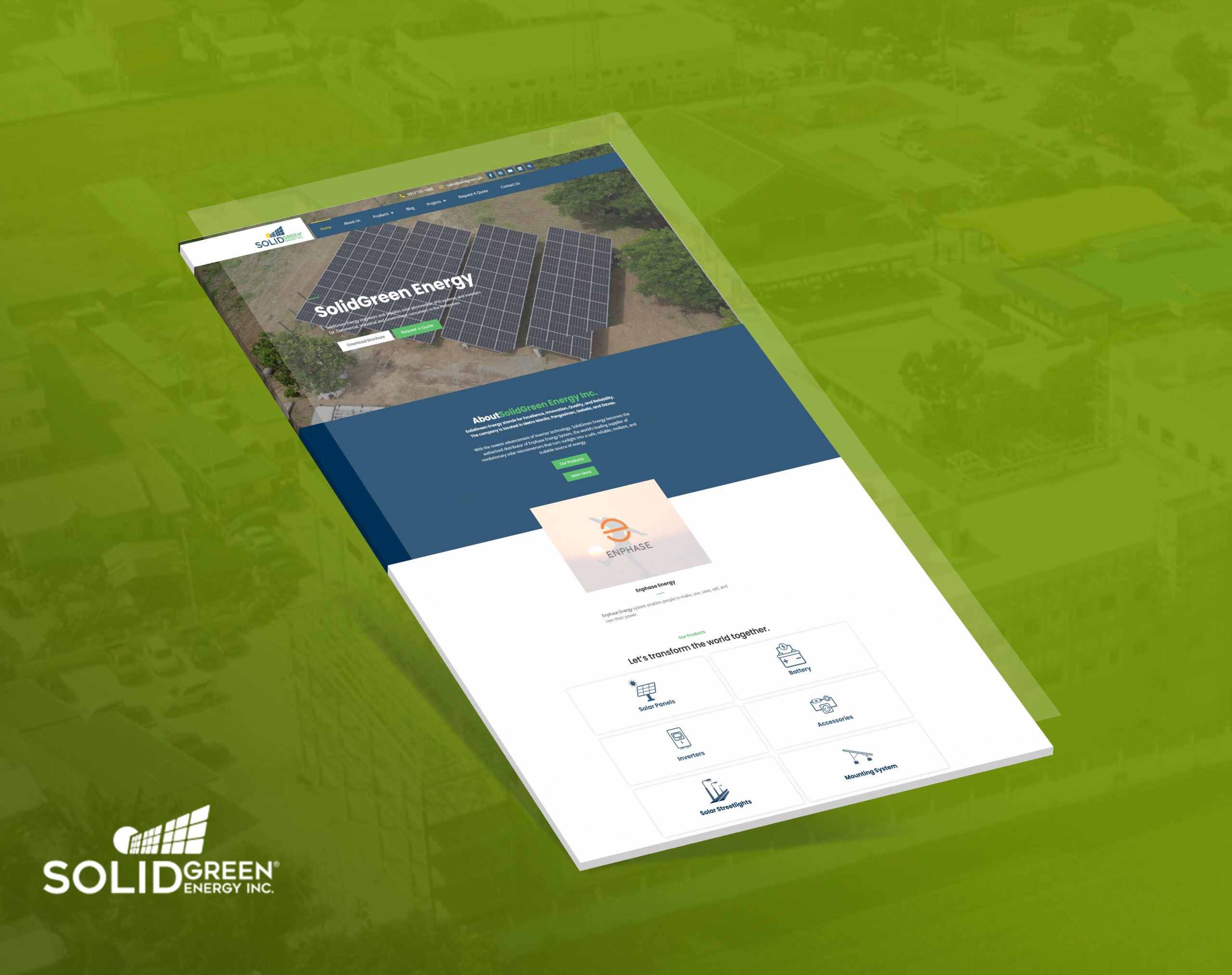 A tilted mockup of a website for Solid Green Energy against a green background, showing the homepage with solar panels, Enphase partnership, and product categories.