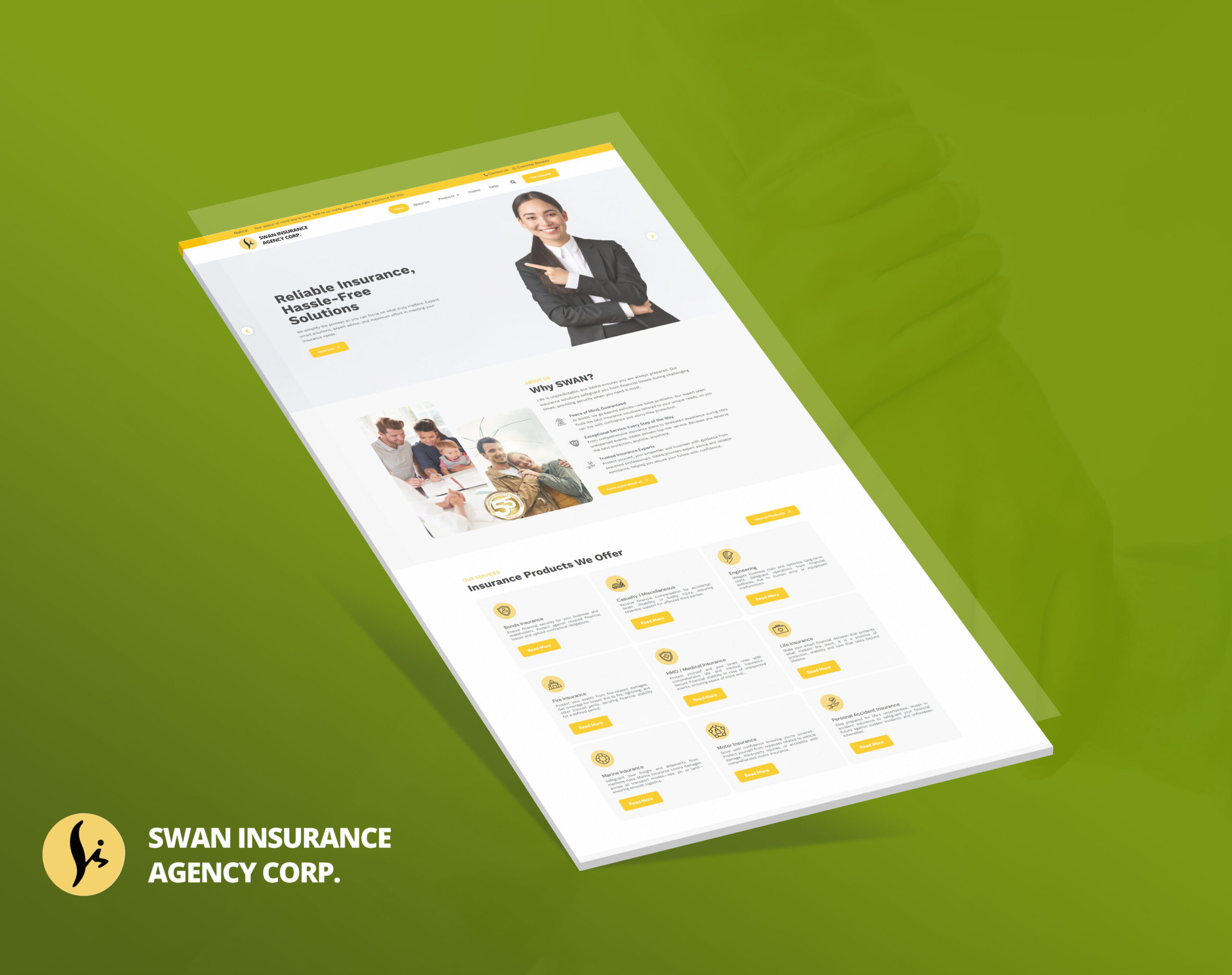 A mockup of the Swan Insurance Agency Corp. website is displayed against a solid green background, showing the homepage layout with the company logo and various insurance product options.