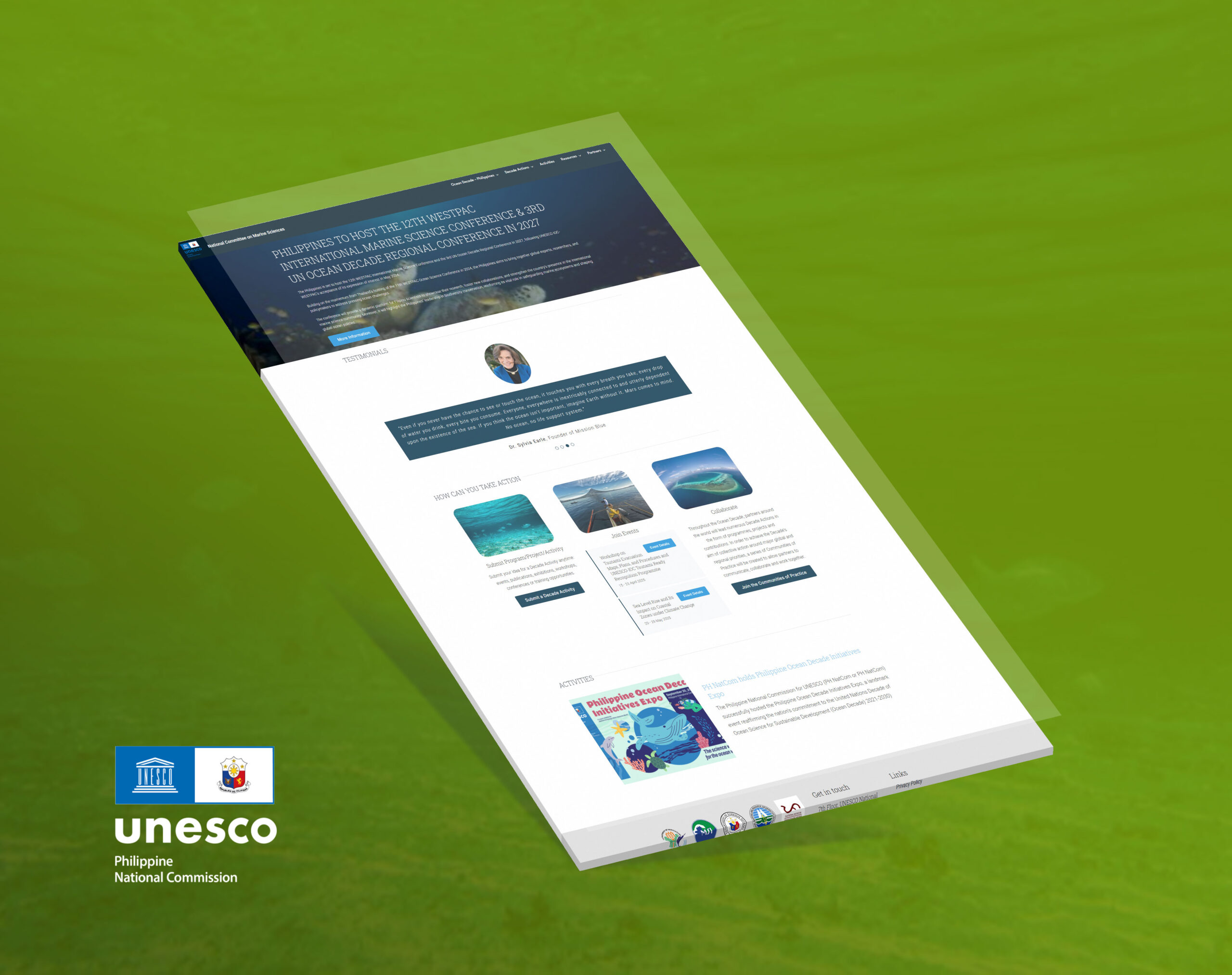 A tilted screenshot of a website for the Philippine National Commission for UNESCO, displaying an announcement about hosting an upcoming marine science conference and a green background.