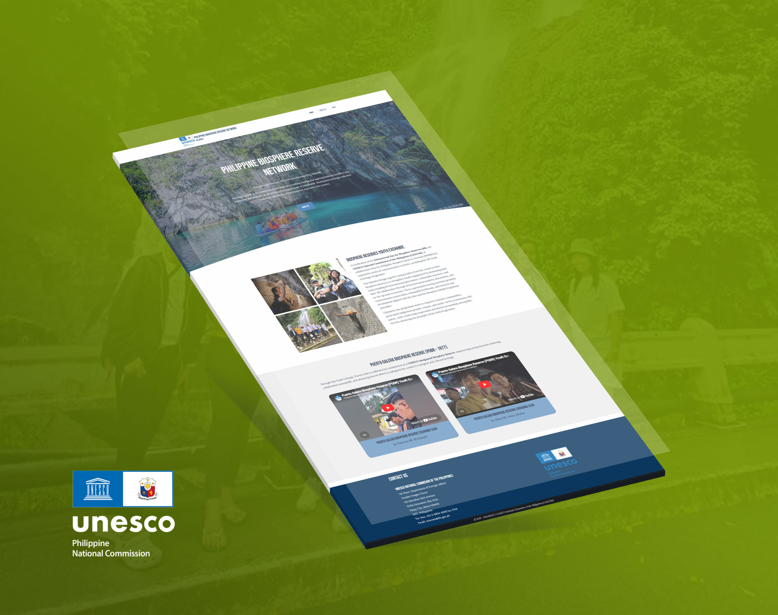 A digital mockup of a webpage for the Philippine Biosphere Reserve Network, viewed at an angle with a green-toned background.