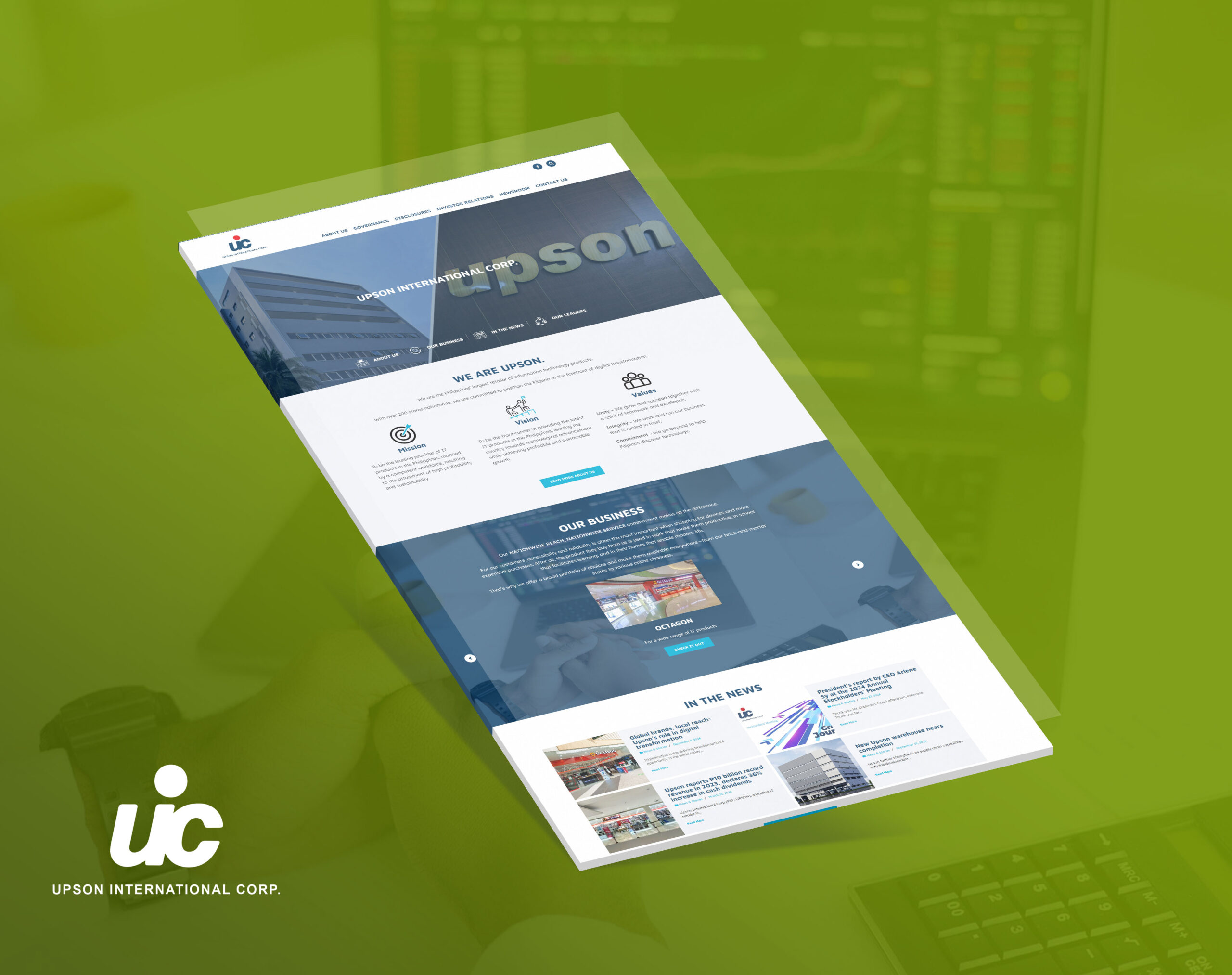 Upson International Corp. website displayed on a screen showing company information and news.