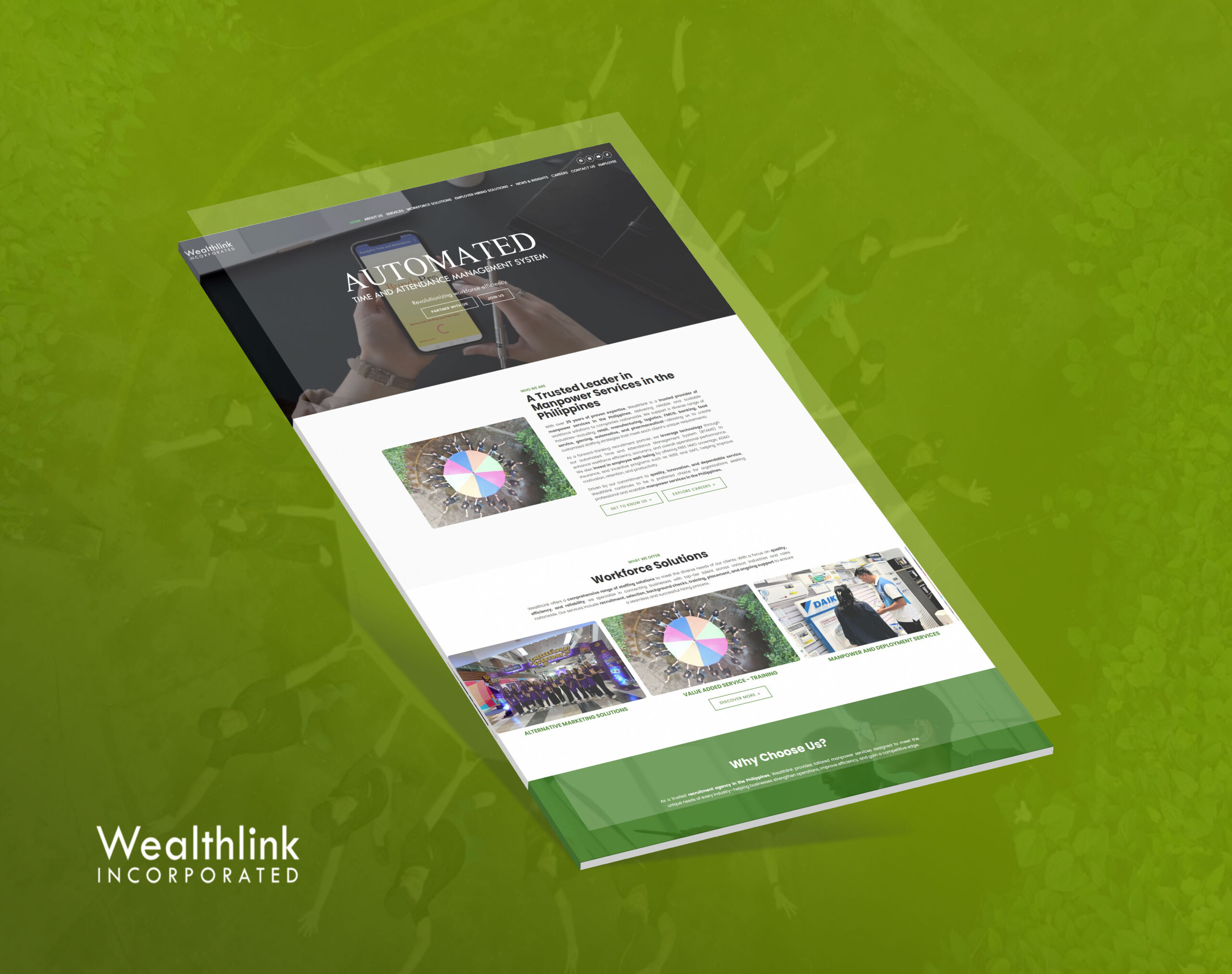 A mockup of the Wealthlink Incorporated website displayed on a tablet against a green background with people laying on grass.