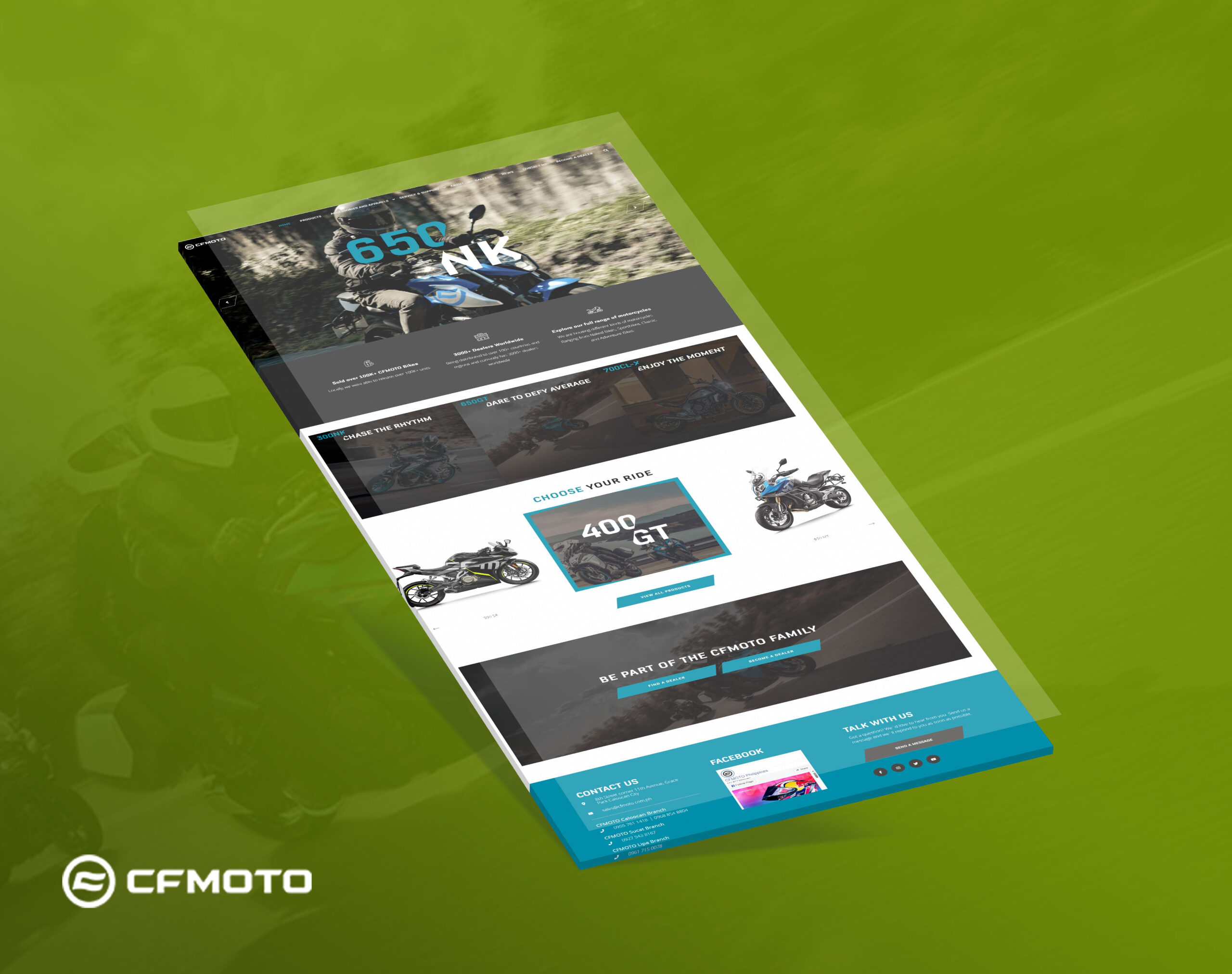 An angled view of the CFMOTO website homepage, presented against a green background with a semi-transparent overlay.