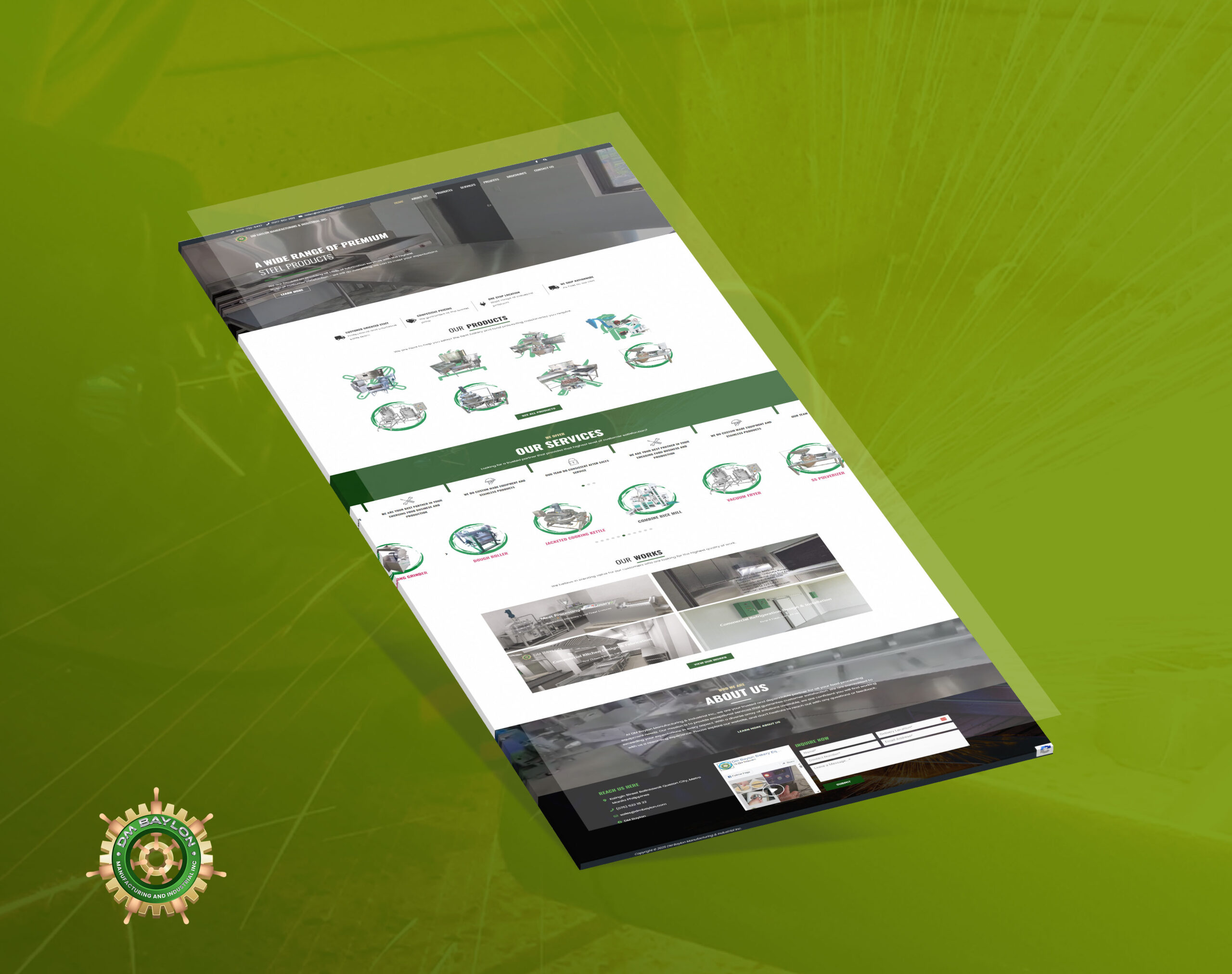 A screenshot of the DM Baylon Manufacturing & Industrial Inc. website, displayed on a tilted mockup over a green background.