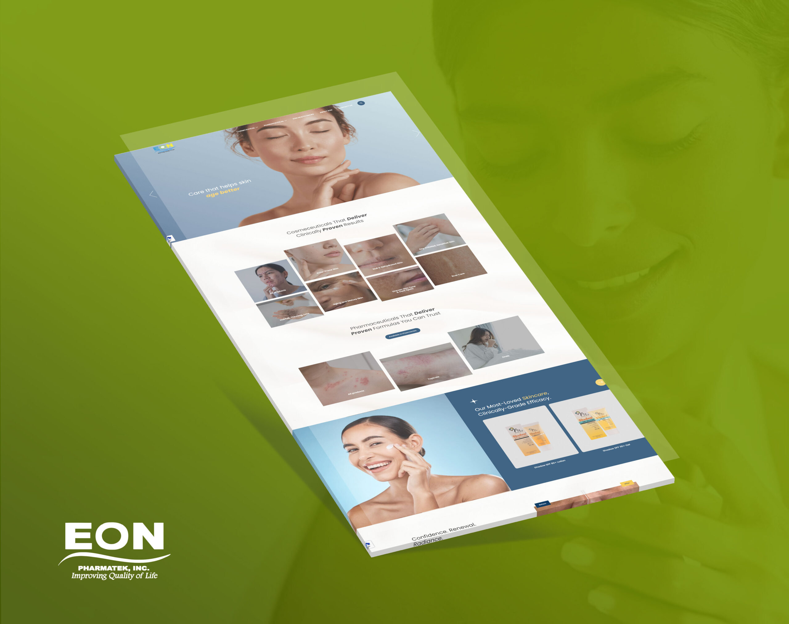 A tilted, perspective view of a website for Eon Pharma on a green background, featuring skincare products and models with clear skin.