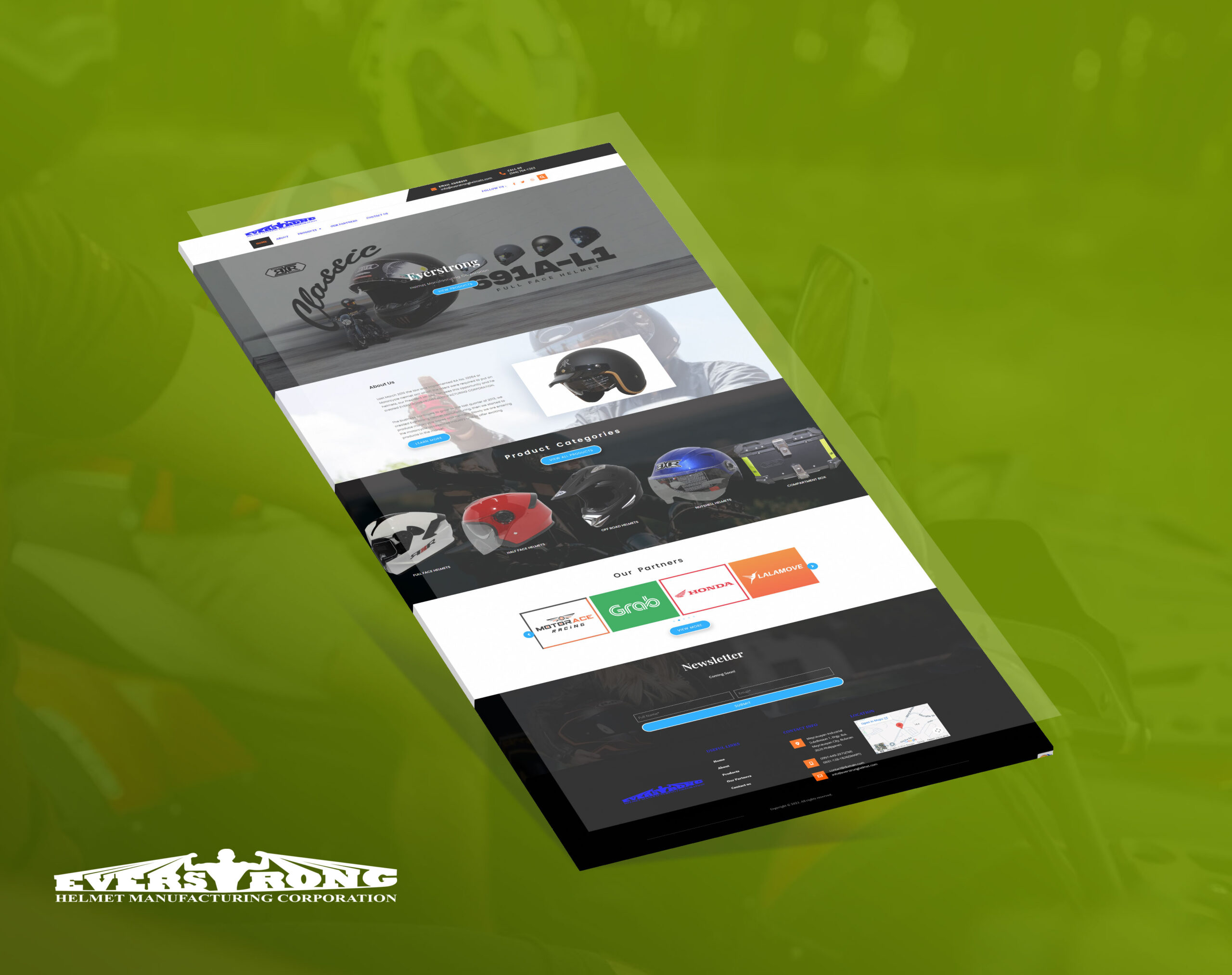 A tilted screenshot of a motorcycle helmet manufacturer's website displayed against a green background, with the Everstrong logo at the bottom left.