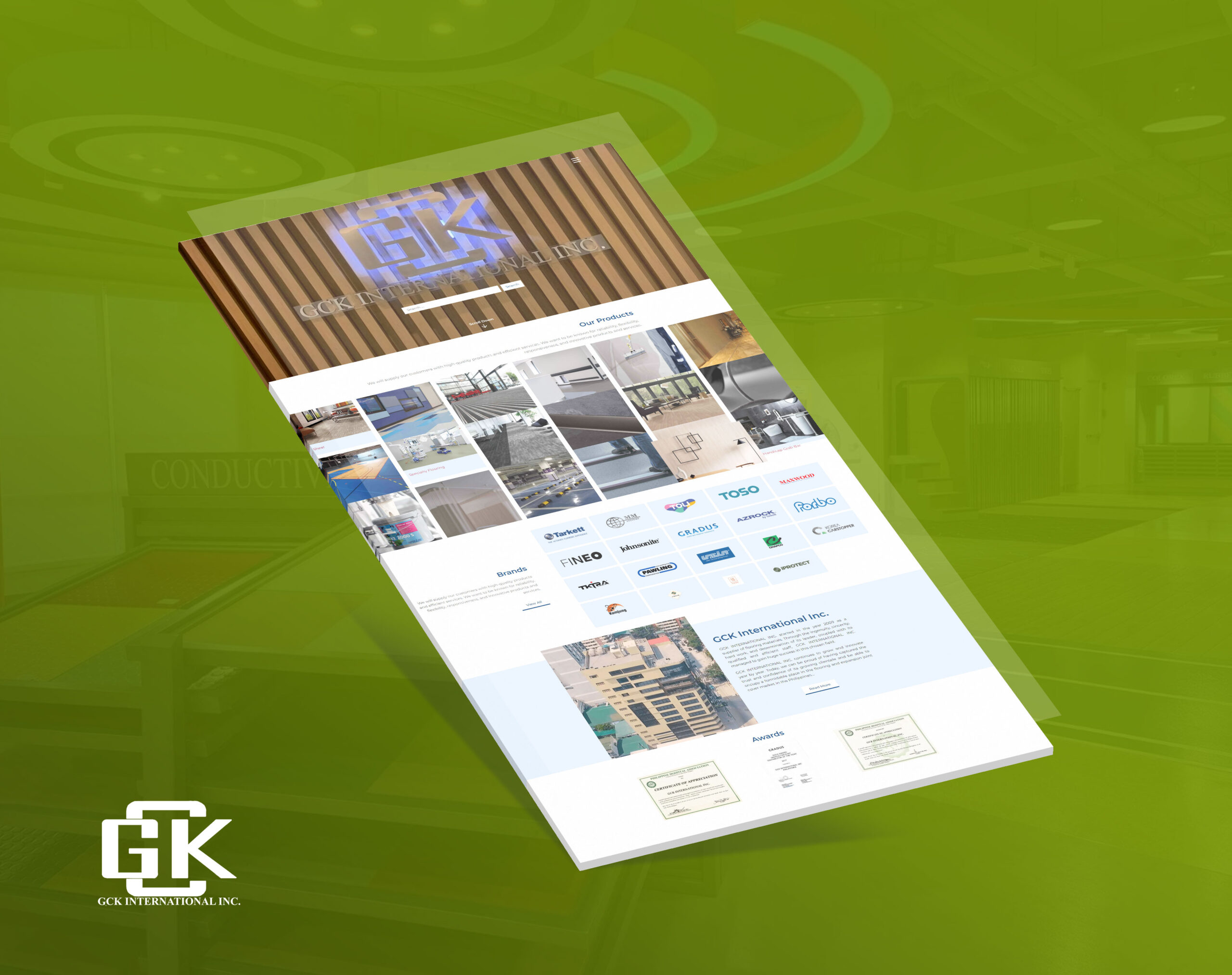 A 3D perspective mockup of the GCK International Inc. website homepage displayed on a bright green background.