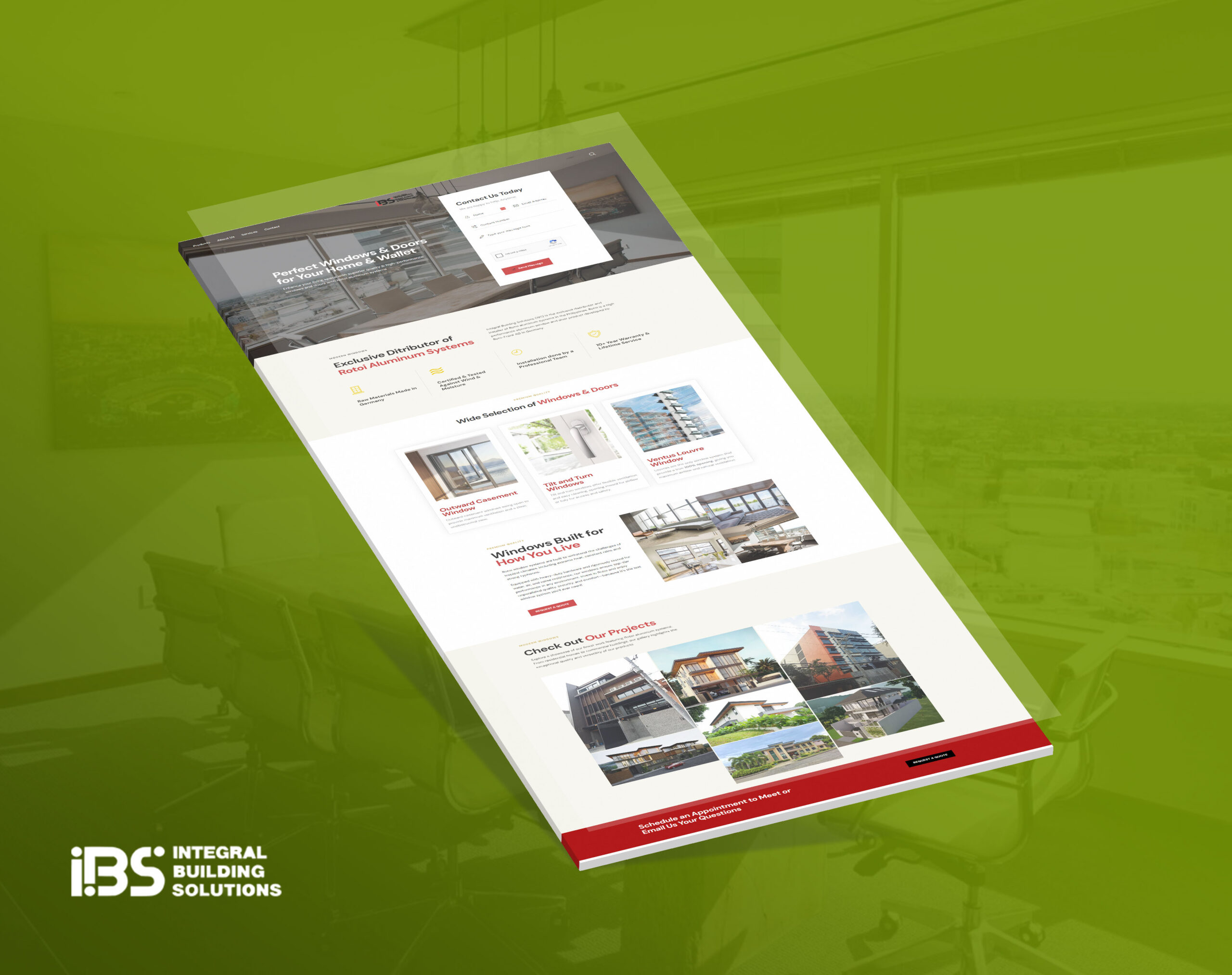 A 3D perspective mockup of the Integral Building Solutions website displaying aluminum windows, doors, and project galleries.