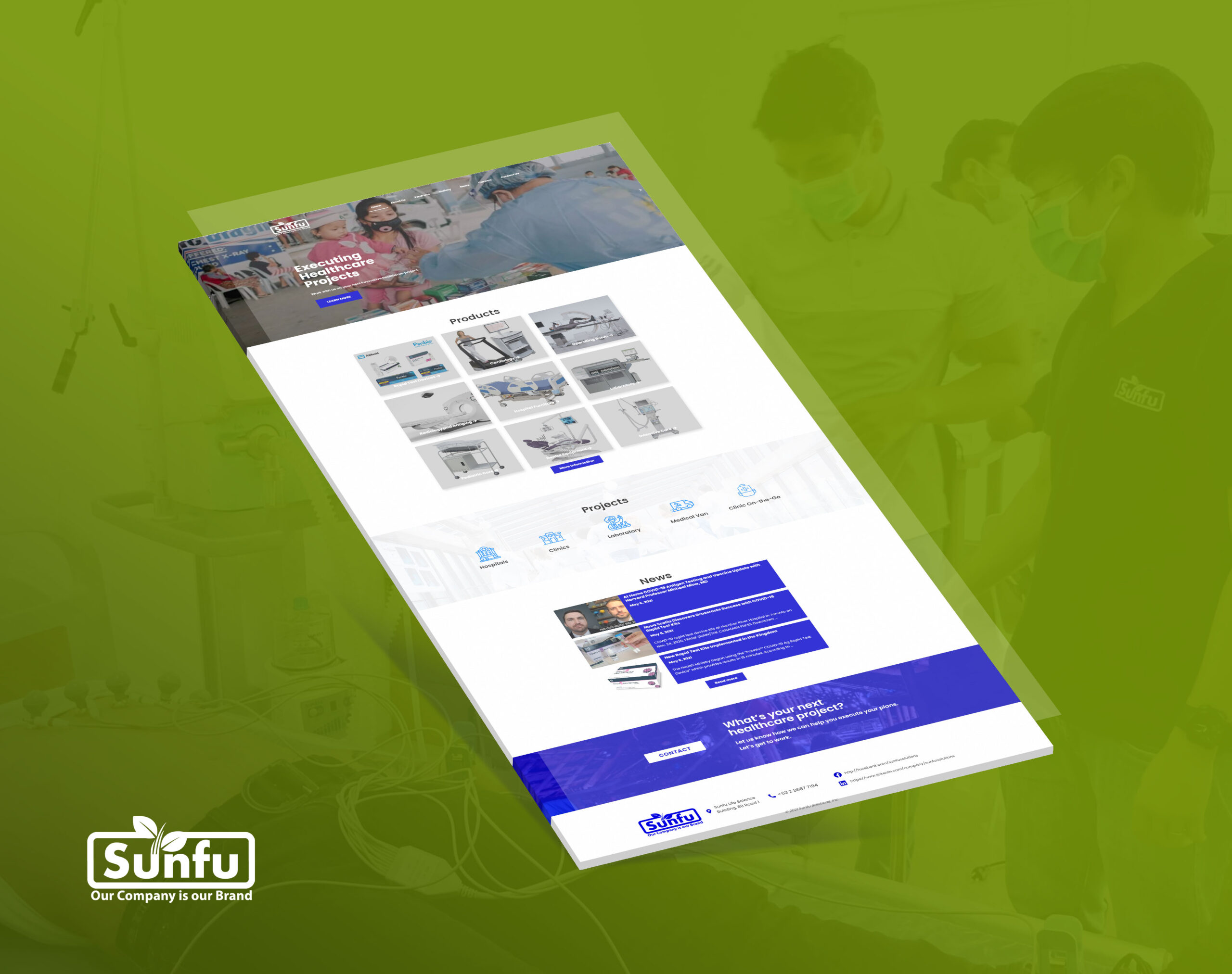 A 3D perspective mockup of a healthcare company website featuring sections for products, projects, news, and contact information against a green background.