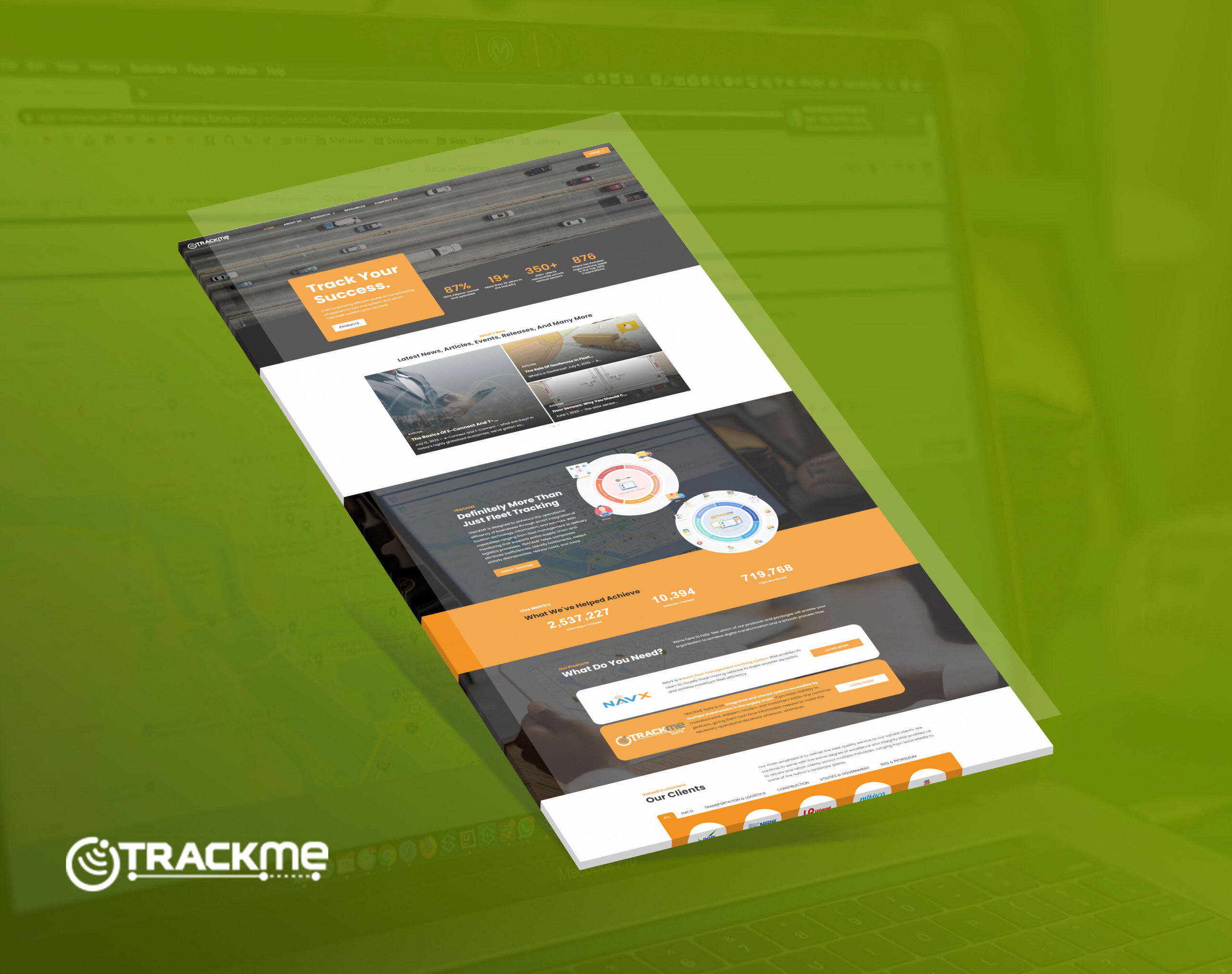 A website interface for Trackme showing various statistics and services.