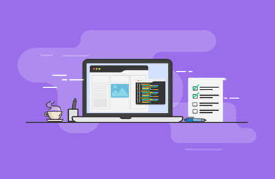 An illustration of a laptop on a desk showing website design and code, with a cup of coffee and a checklist nearby.