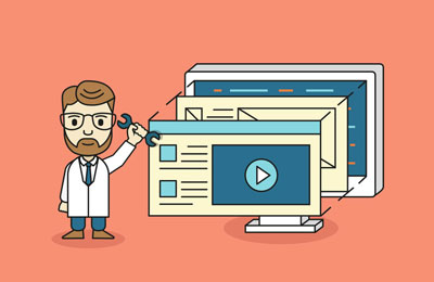 An illustration of a bespectacled man with a beard, wearing a white lab coat and holding a small wrench, adjusting website elements in front of a computer monitor.