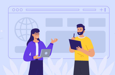 An illustration of a woman holding a laptop and a man holding a notepad in front of a website wireframe.