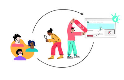 An illustration showing a website conversion process with people interacting with a landing page and sign-up button.