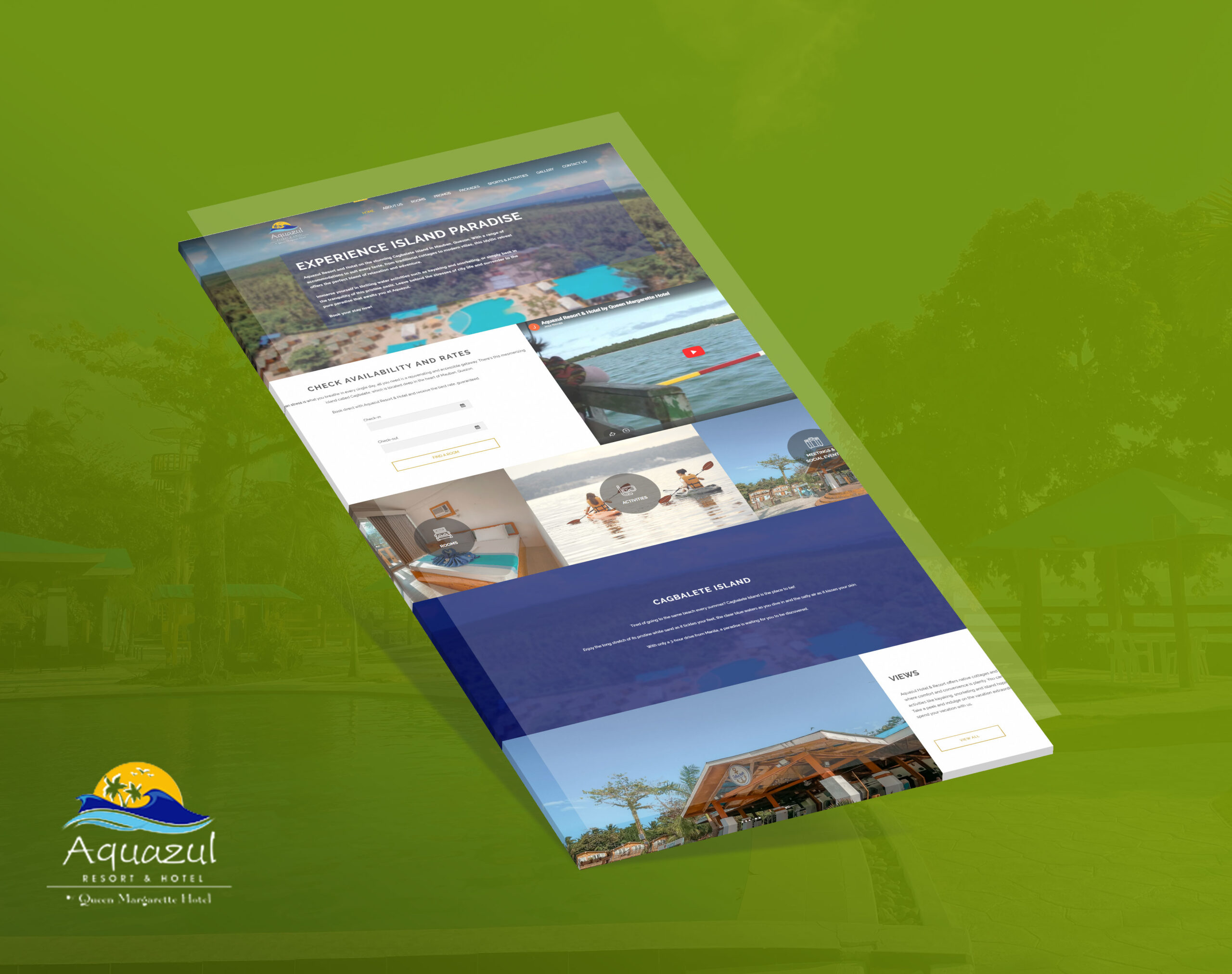 A screenshot of the Aquazul website shown on a tilted device, featuring images of the resort and island views.