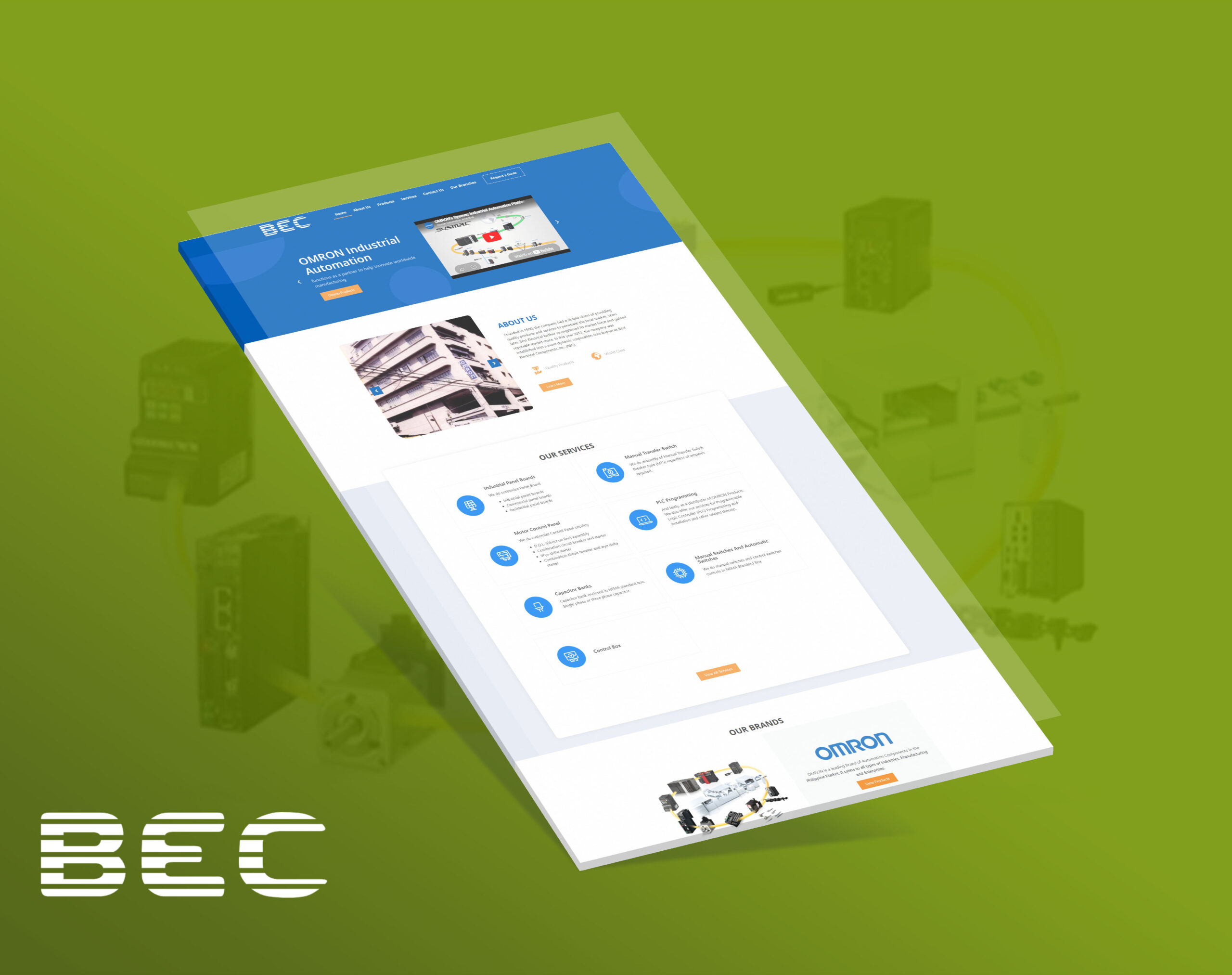 A webpage mockup for Best Electrical Components (BEC), featuring sections for about us, services, and partnered brands against a green background with electrical equipment silhouettes.