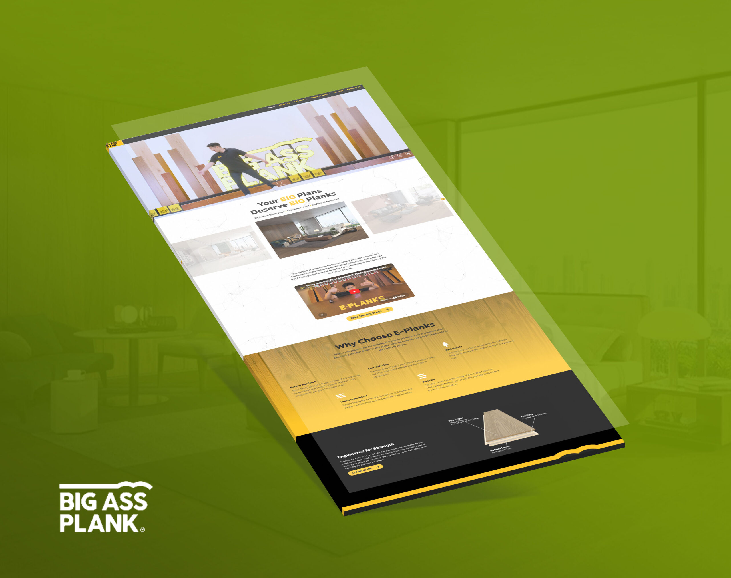 An angled mockup of the Big Ass Plank website homepage on a solid green background, showing the brand's logo, headline, and sections highlighting large wood flooring planks.