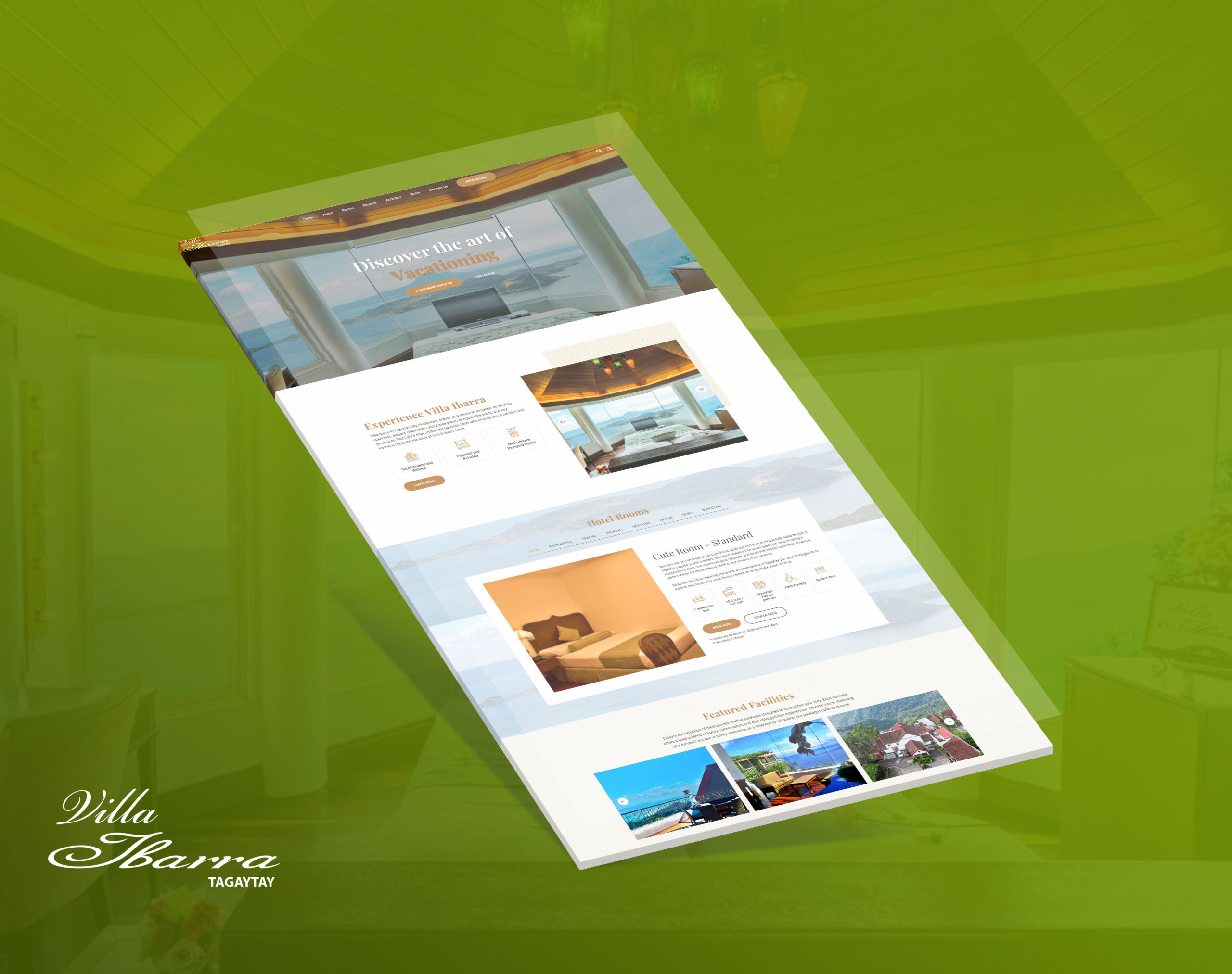 A angled mockup of the Villa Ibarra Tagaytay website homepage displayed on a green background.