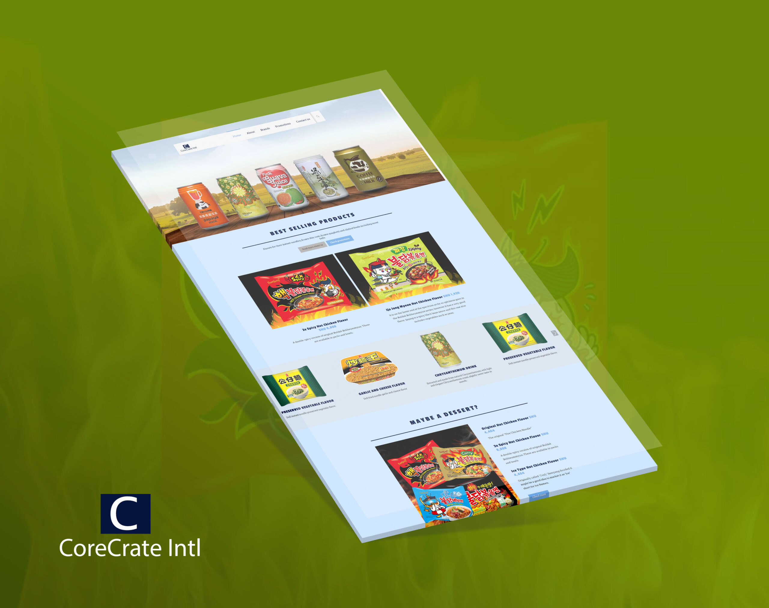 A mockup of the CoreCrate e-commerce website showing best-selling Asian snacks and instant noodles against a green background.