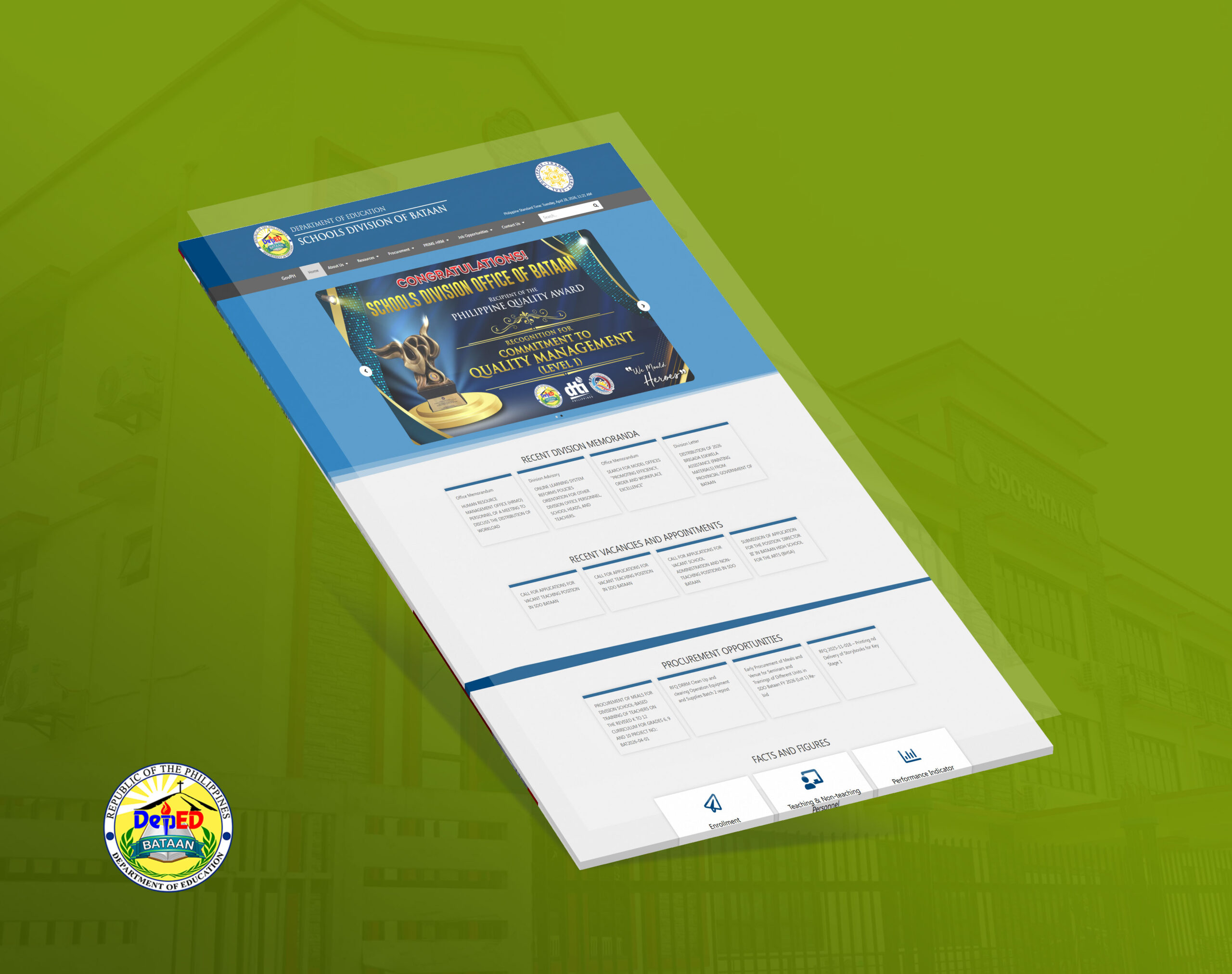 A 3D perspective mockup of the DepEd Schools Division of Bataan website homepage, shown against a green background with the DepEd logo in the bottom left corner.