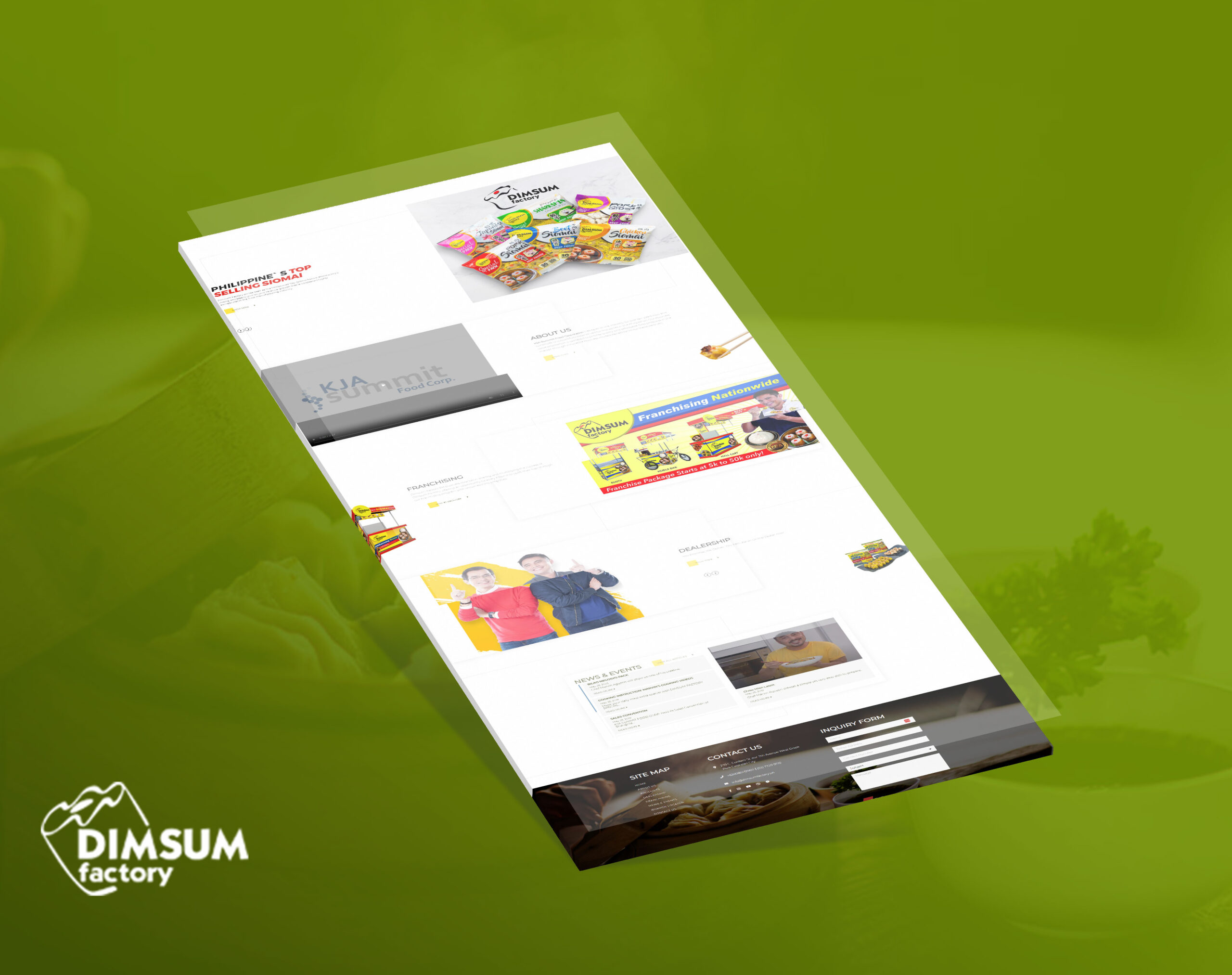 A tilted, angled screenshot of the Dimsum Factory website on a green background.