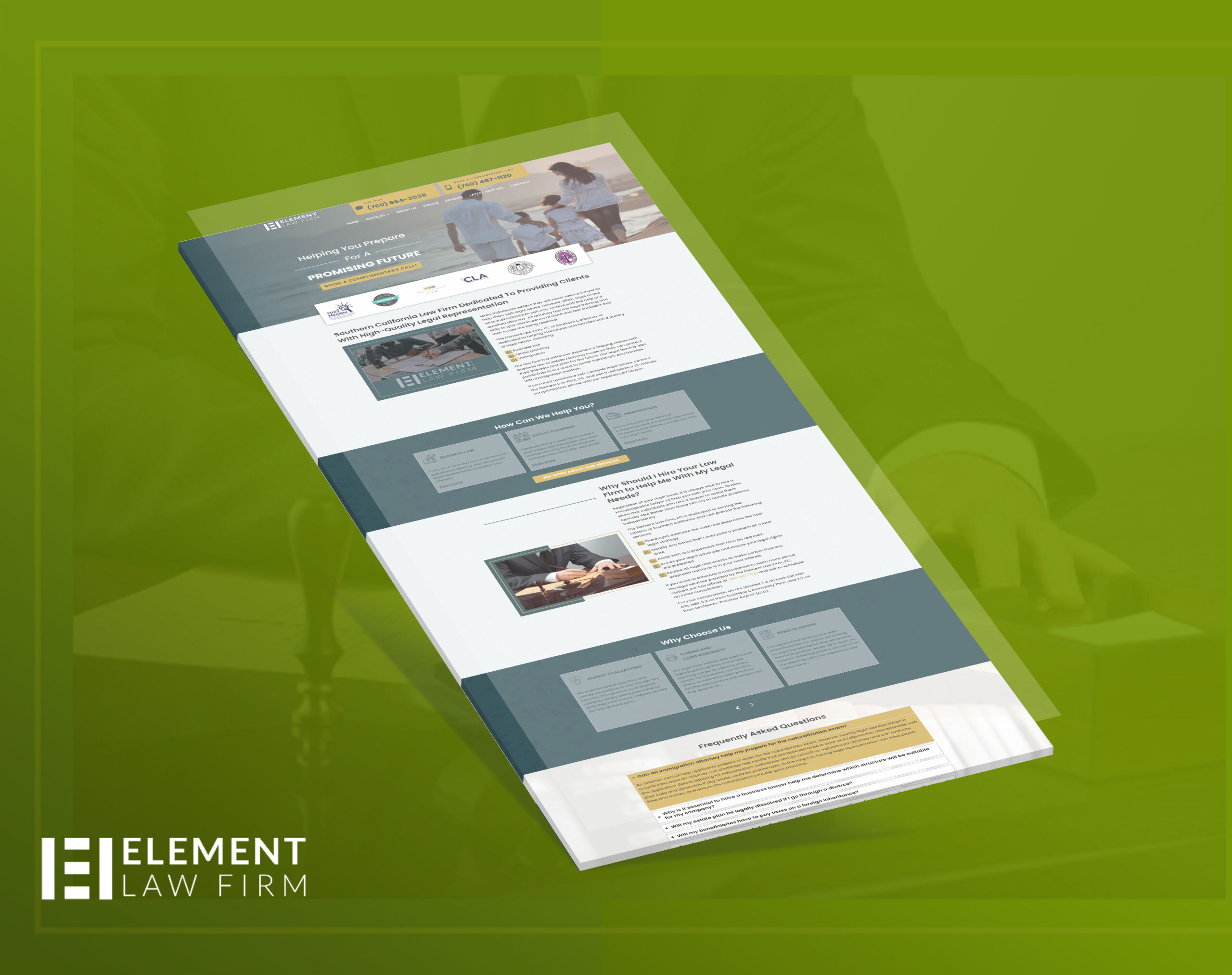 Website for Element Law Firm featuring services, why choose them, and FAQs.