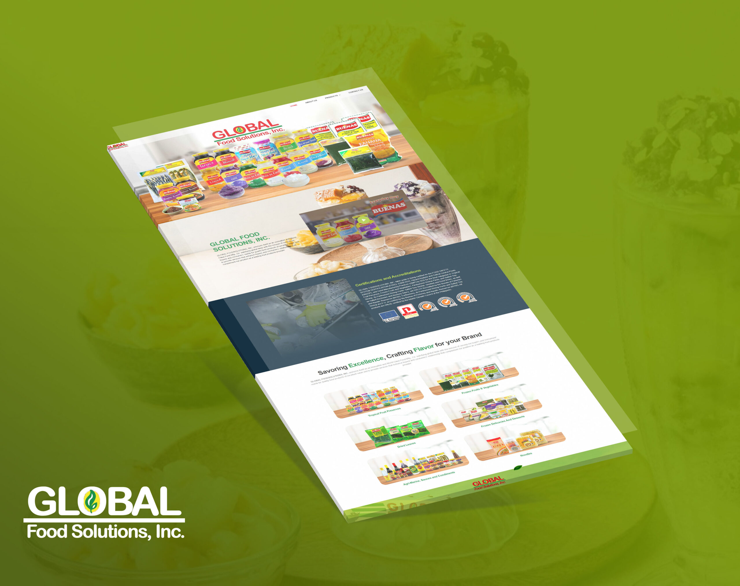 A 3D angled mockup showcasing the homepage of the Global Food Solutions Inc. website, displayed against a solid green background with two layered sheets.