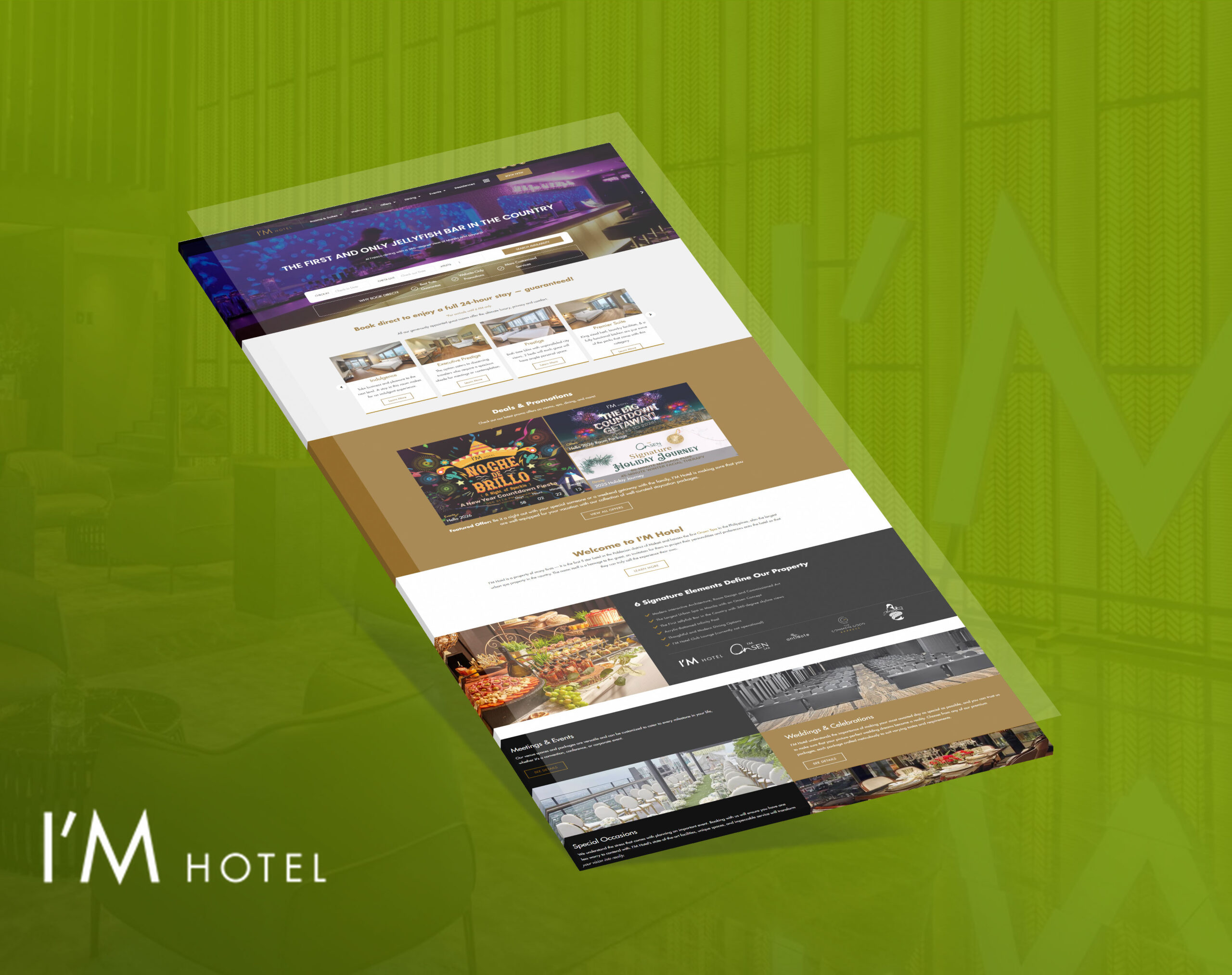 A tilted screenshot of the homepage for I'M Hotel, featuring rooms, promotions, and dining options against a green background.