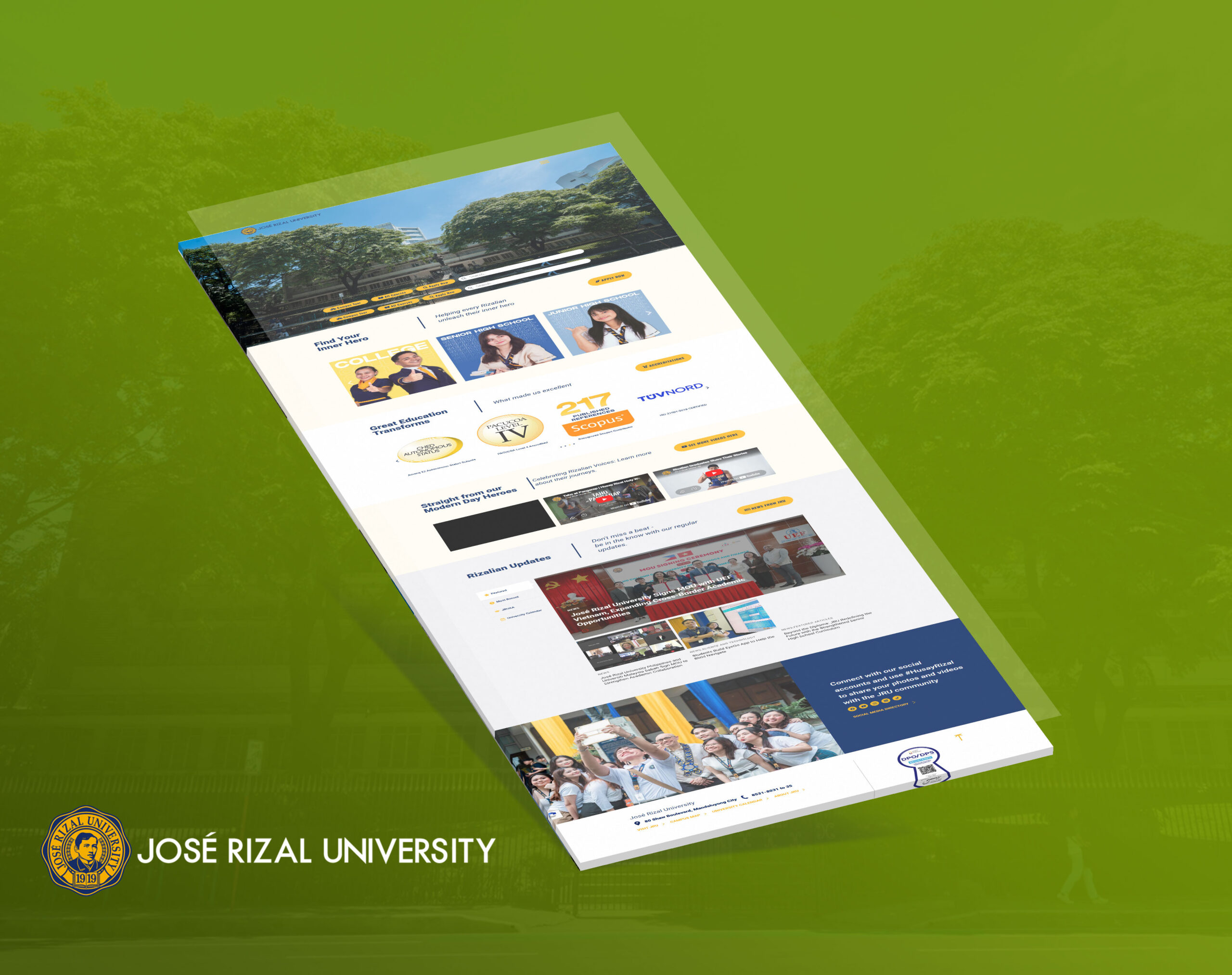 An angled screenshot of the Jose Rizal University website on a green background.