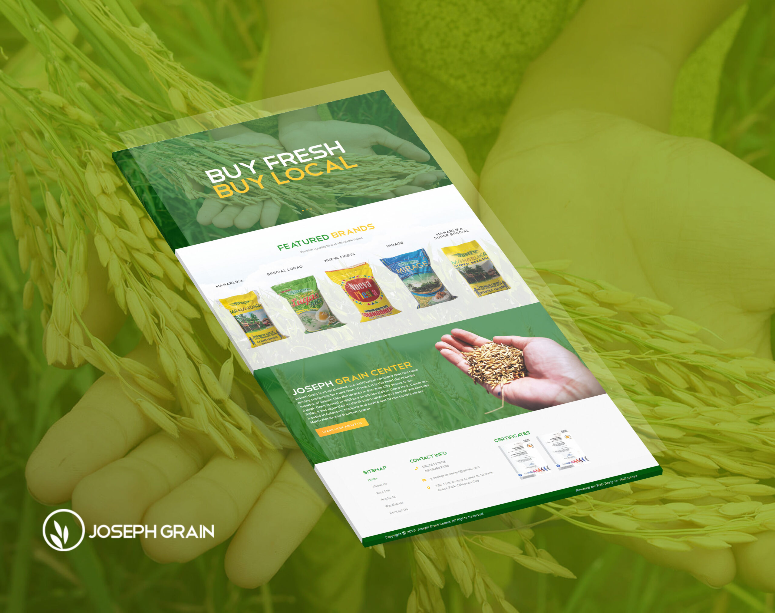 A mockup of the Joseph Grain website displaying featured rice brands and company information, set against a background of hands holding harvested rice stalks.