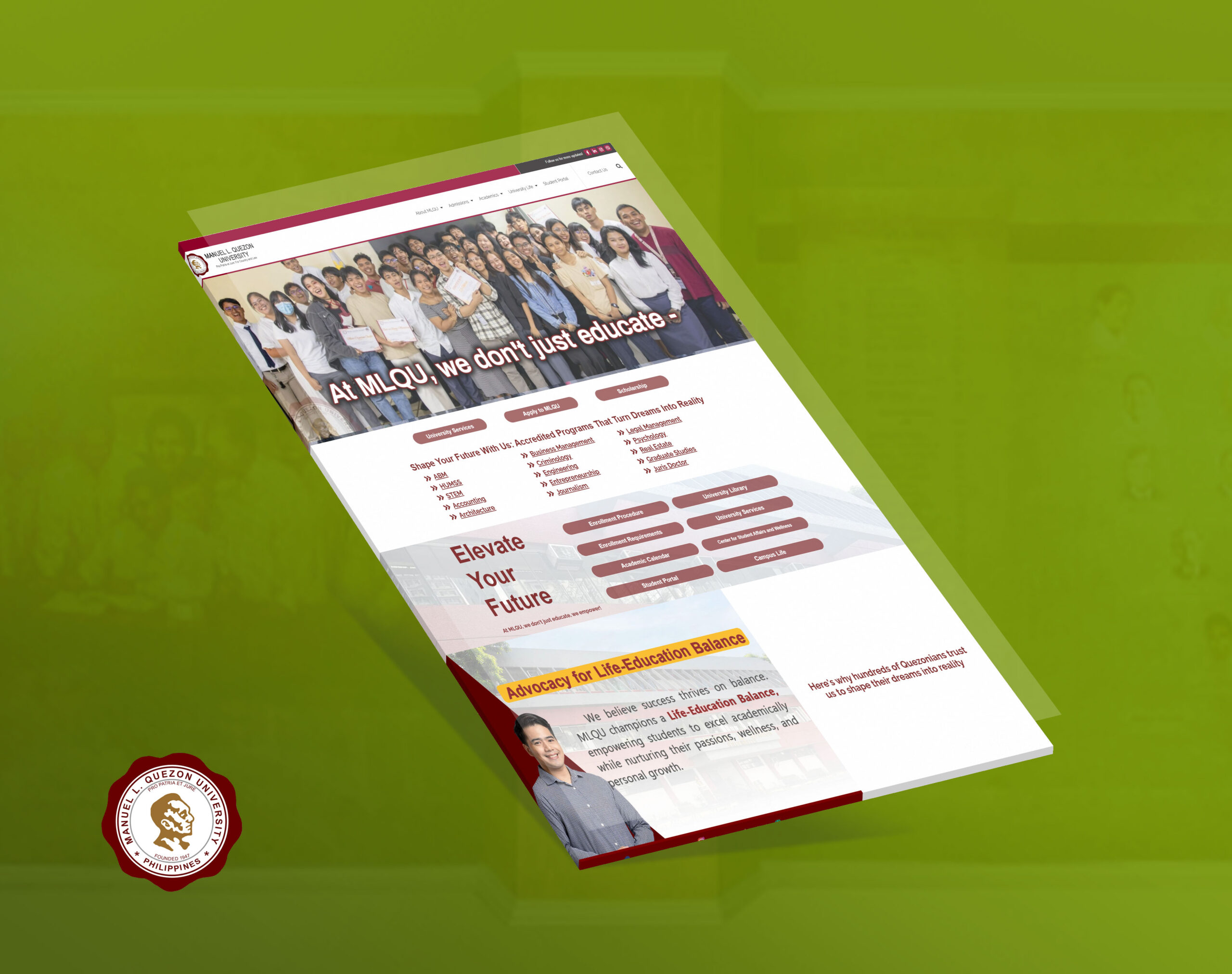 A tilted, 3D mockup of the Manuel L. Quezon University (MLQU) website homepage, featuring a large group of students, program lists, and the university seal.