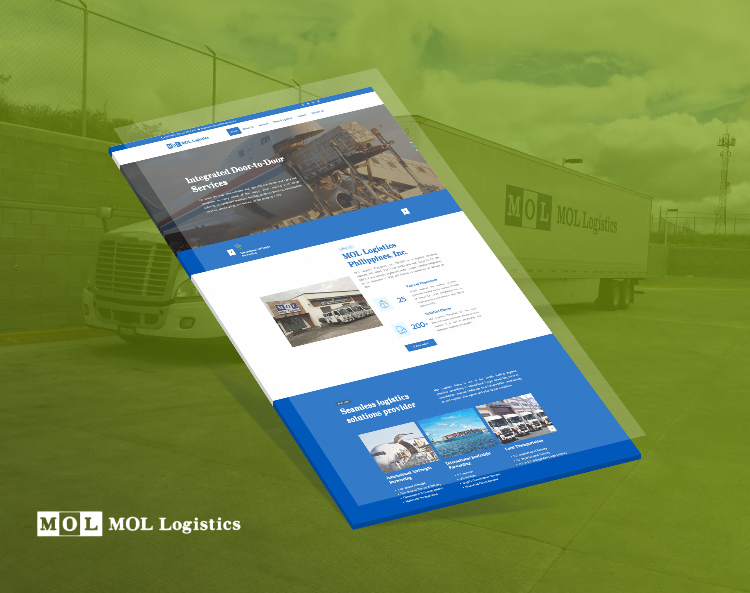 A webpage for MOL Logistics is displayed in perspective over a background image of a delivery truck, with the company's website header reading Integrated Door-to-Door Services.