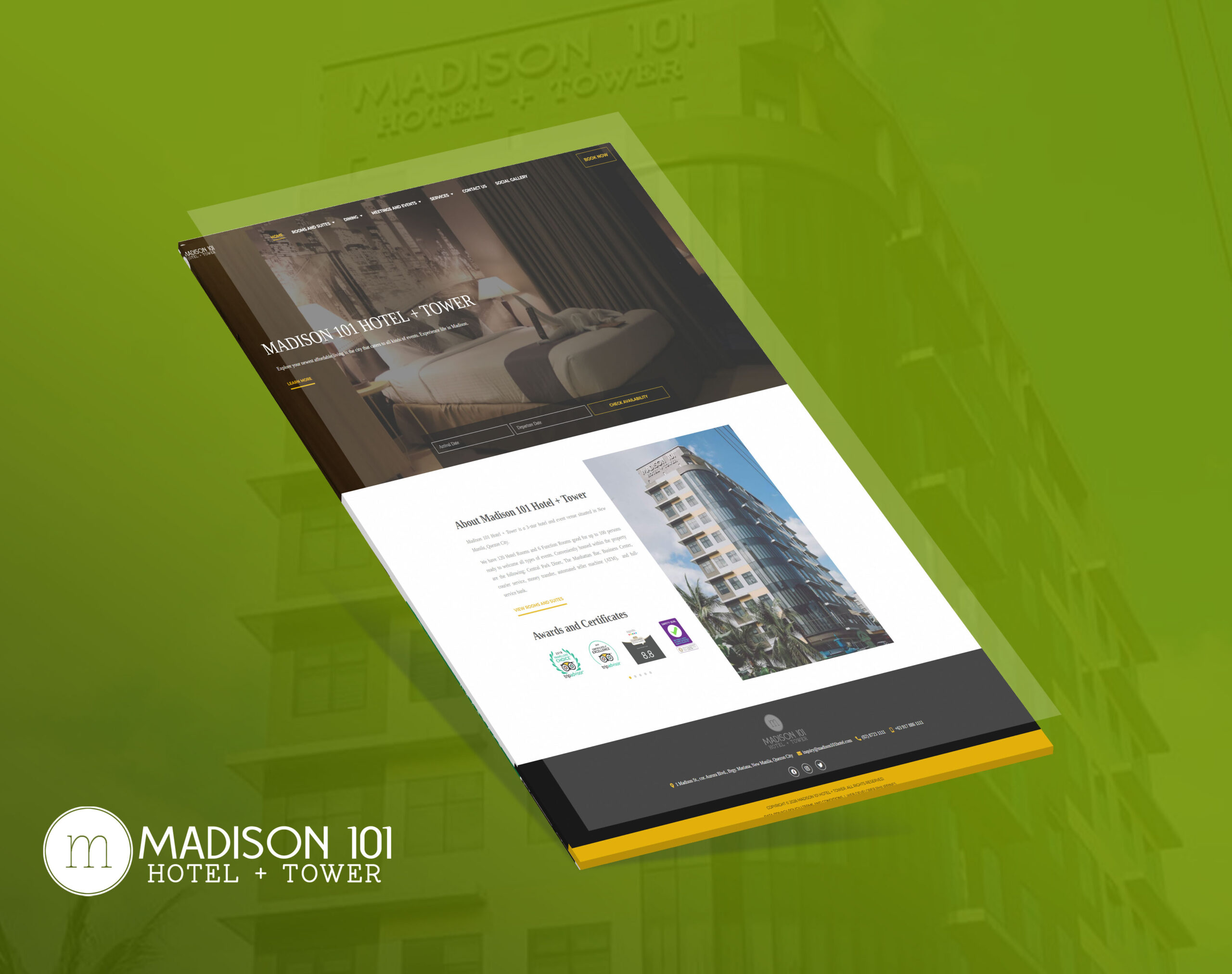 A tilted view of a webpage for Madison 101 Hotel + Tower set against a green background, with the hotel's logo shown in the bottom-left corner.