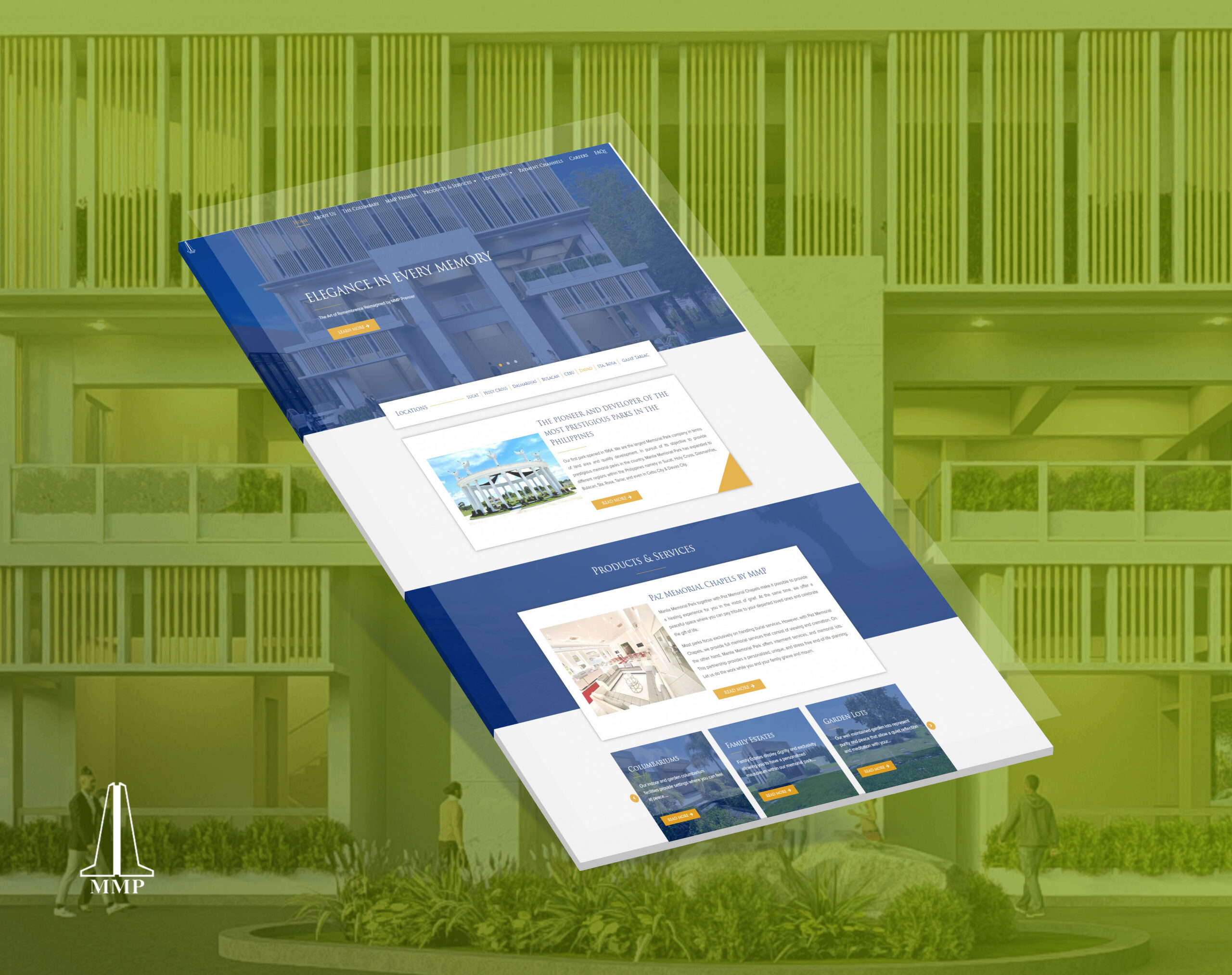 A mockup of the Manila Memorial Park website displayed on a tablet against a green building background.