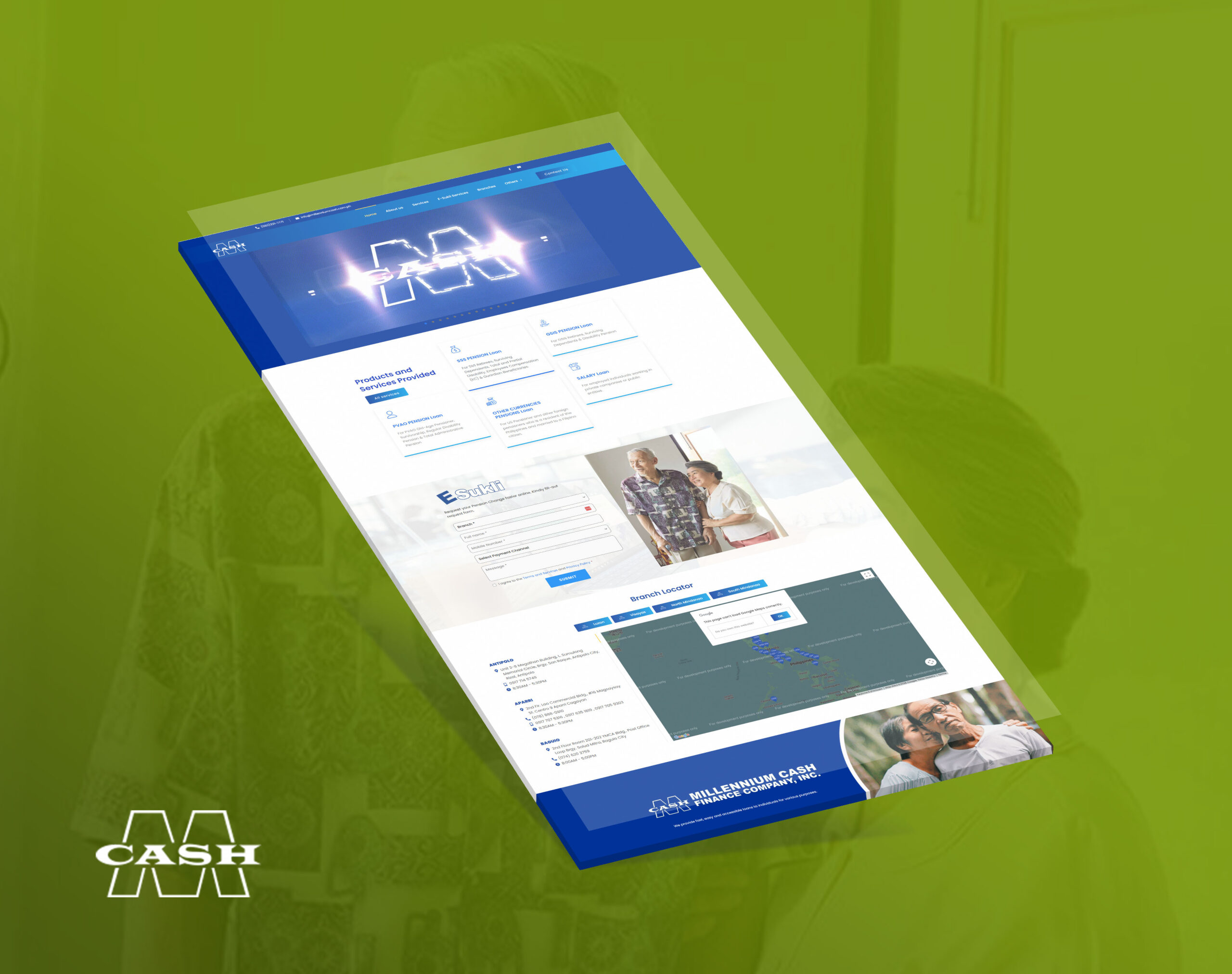 A 3D perspective mockup of the Millennium Cash Finance Company Inc. website displayed against a solid green background with a silhouetted couple.