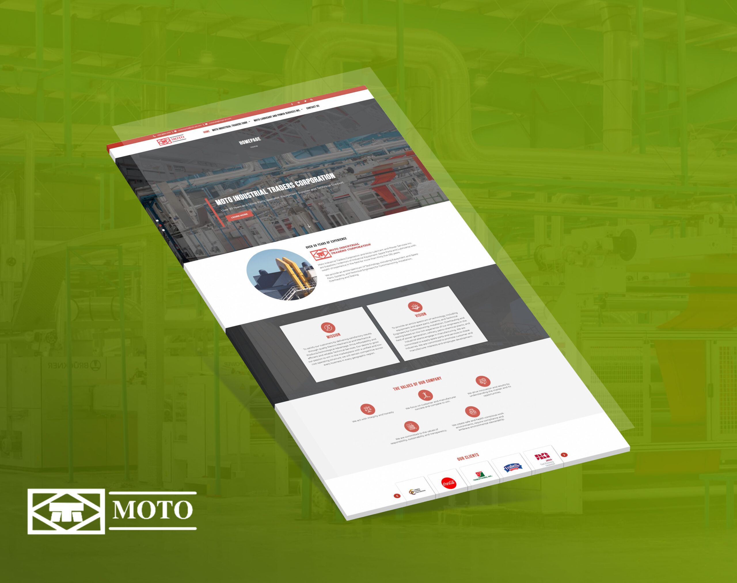 A mockup of the Moto Industrial Traders Corporation website homepage, displayed diagonally against a blurred green industrial background.