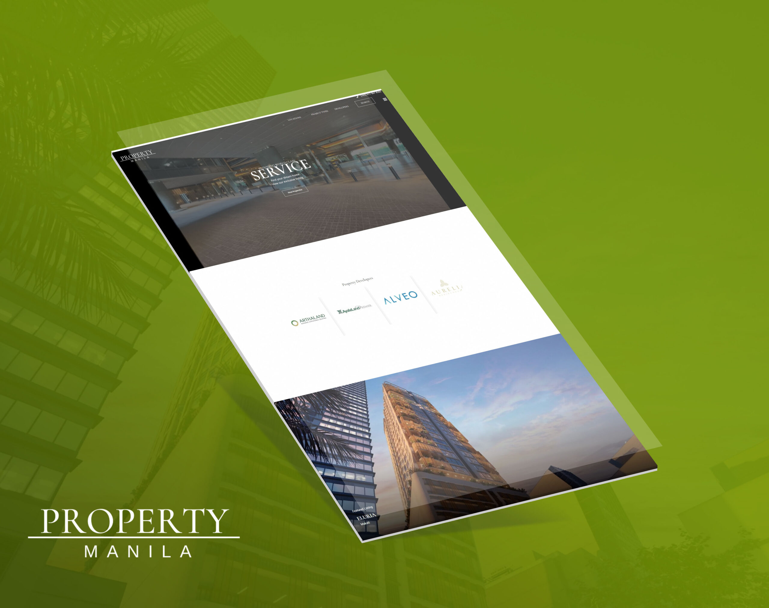 A screenshot of the Property Manila website, tilted against a green background with a faint city skyline pattern, displaying a hero section, developer logos, and a featured listing.