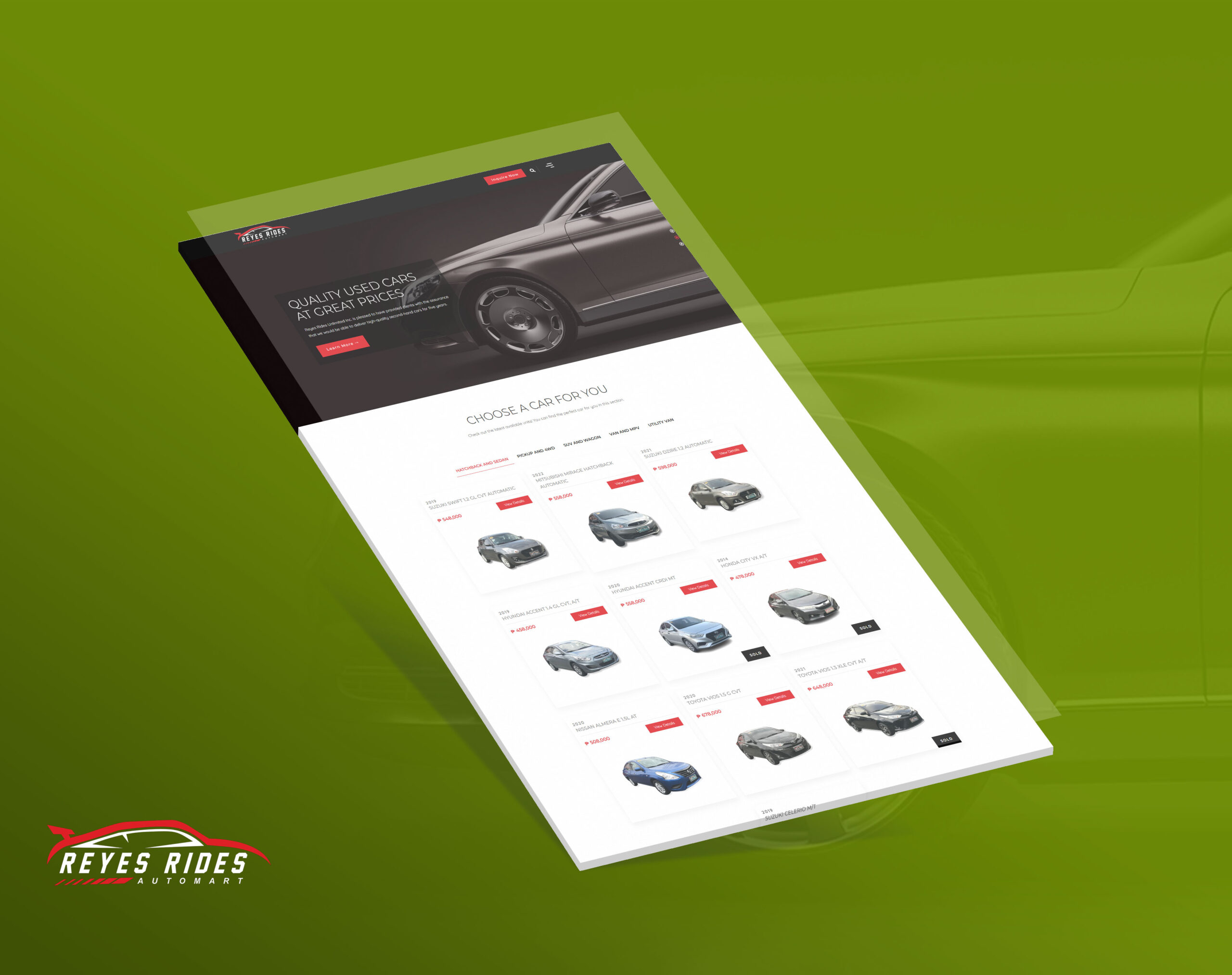 Mockup of the Reyes Rides website, showcasing used cars for sale on a grid of vehicle listings, displayed at a slight angle over a solid green background.