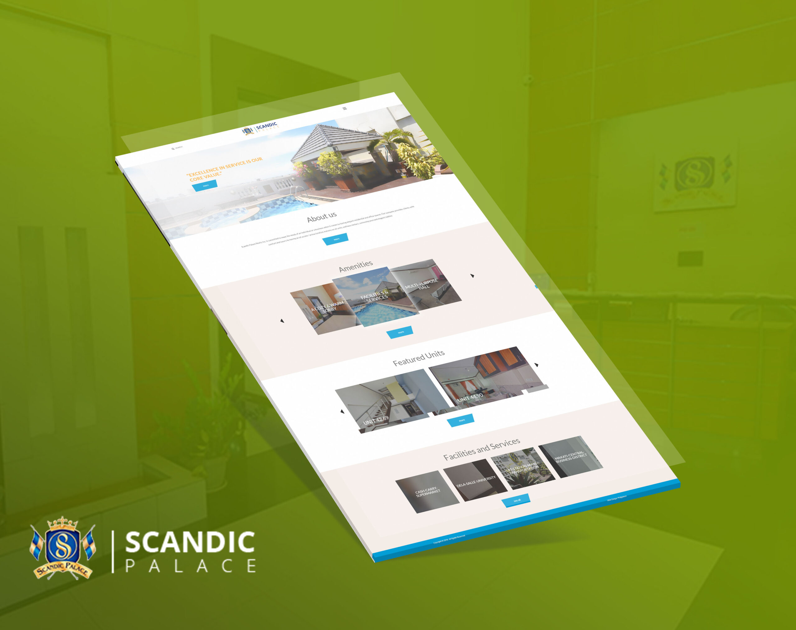 A angled view of the Scandic Palace website homepage, displaying sections for About Us, Amenities, Featured Units, and Facilities and Services against a green background.