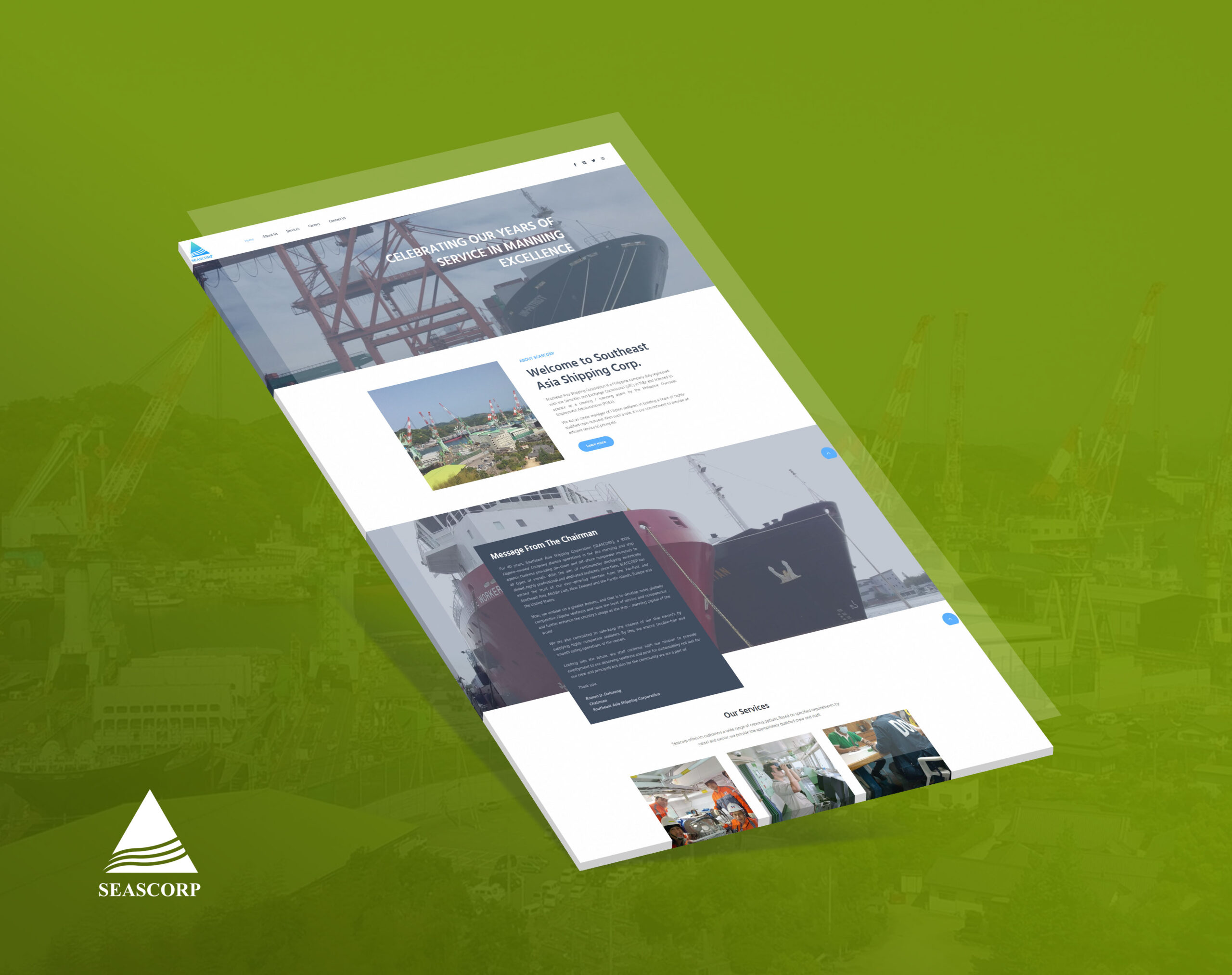 A webpage mock-up for Southeast Asia Shipping Corp against a green background with a banner displaying "CELEBRATING OUR YEARS OF SERVICE IN MANNING EXCELLENCE."