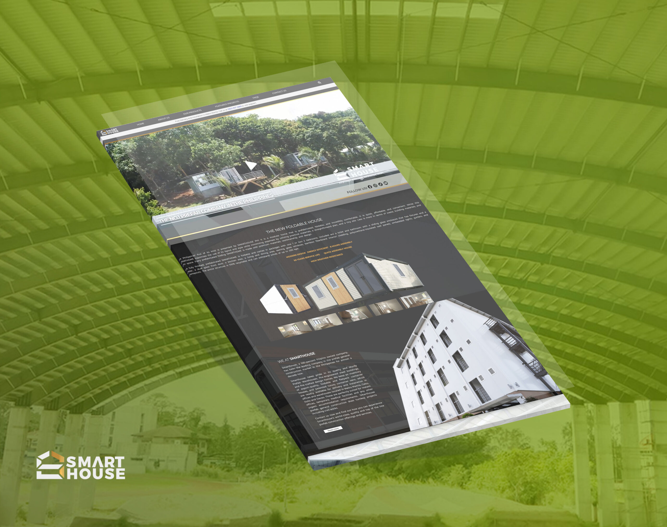 A 3D perspective mockup of the Smart House website displayed on a tablet screen, featuring a green and grey color scheme with images of prefabricated homes against a blurred green background.