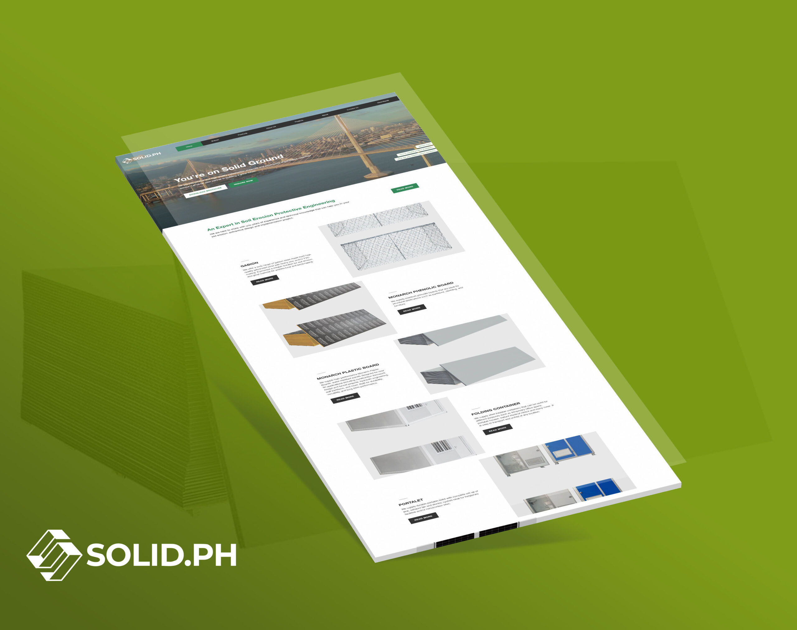 A 3D perspective mockup of the Solid PH website on a green background, showcasing its homepage with a suspension bridge header and product sections including Gabion, Monarch Phenolic Board, Monarch Plastic Board, Folding Container, and Portalet.