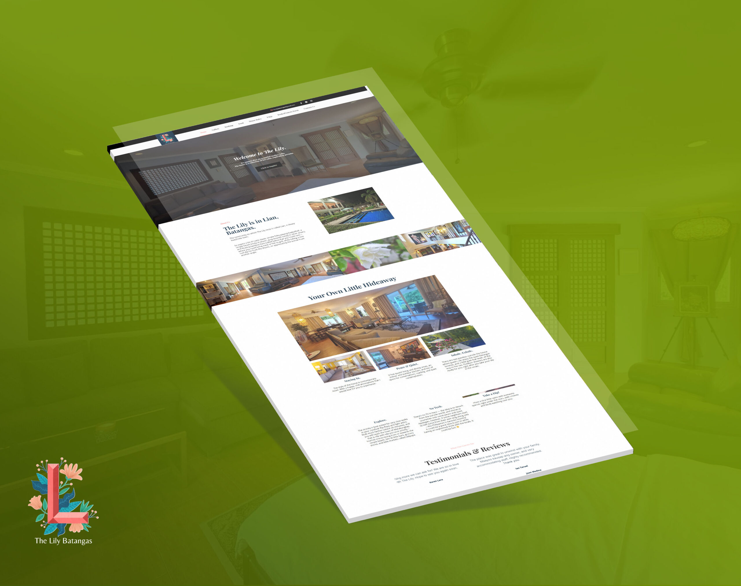An angled view of The Lily Batanggas website mockup displayed on a green background.
